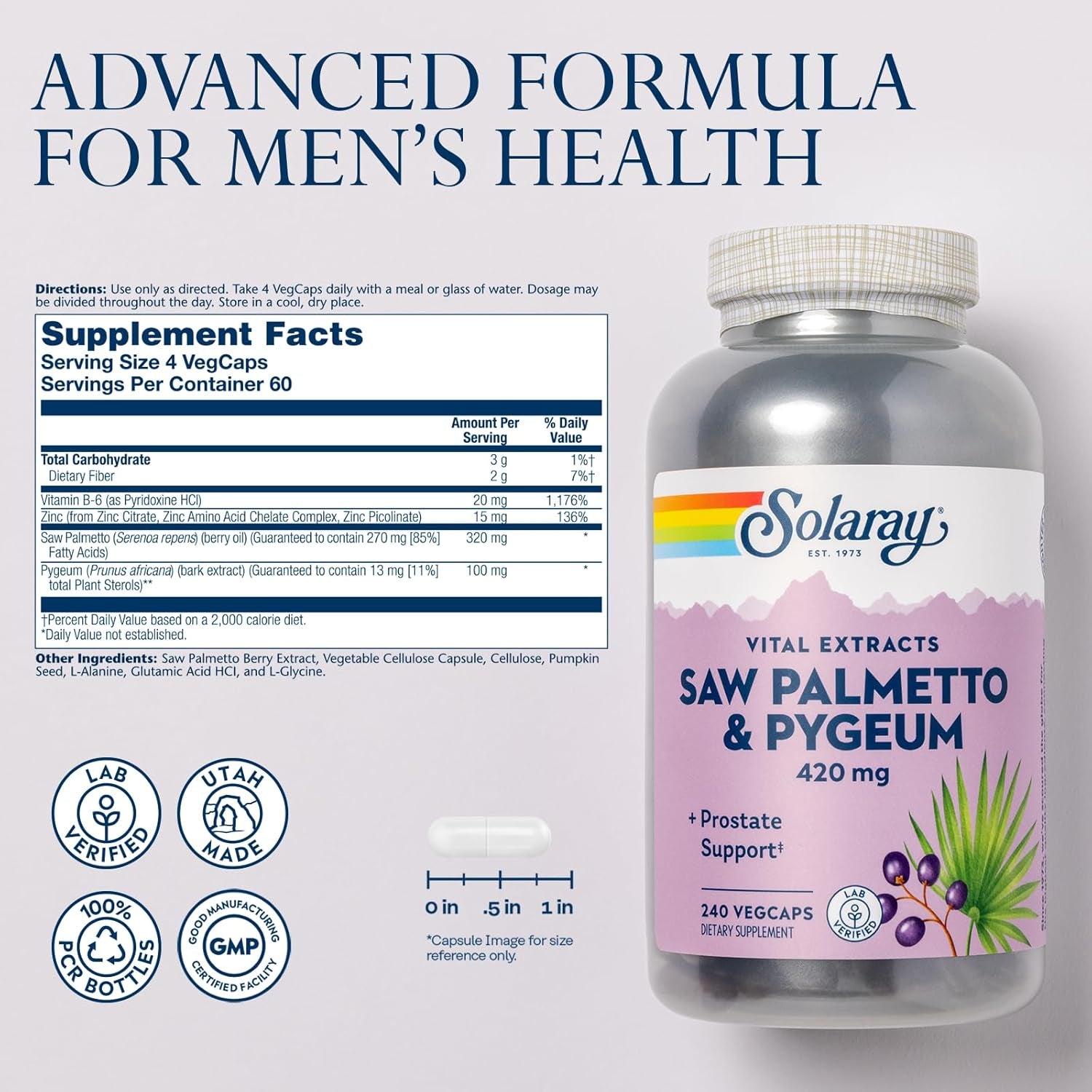 SOLARAY Saw Palmetto and Pygeum - Saw Palmetto for Men and Pygeum Bark - with Zinc, Vitamin B6, Pumpkin Seed and Amino Acids - Prostate Supplements for Men W/Beta Sitosterol, 60 Servings, 240 Vegcaps