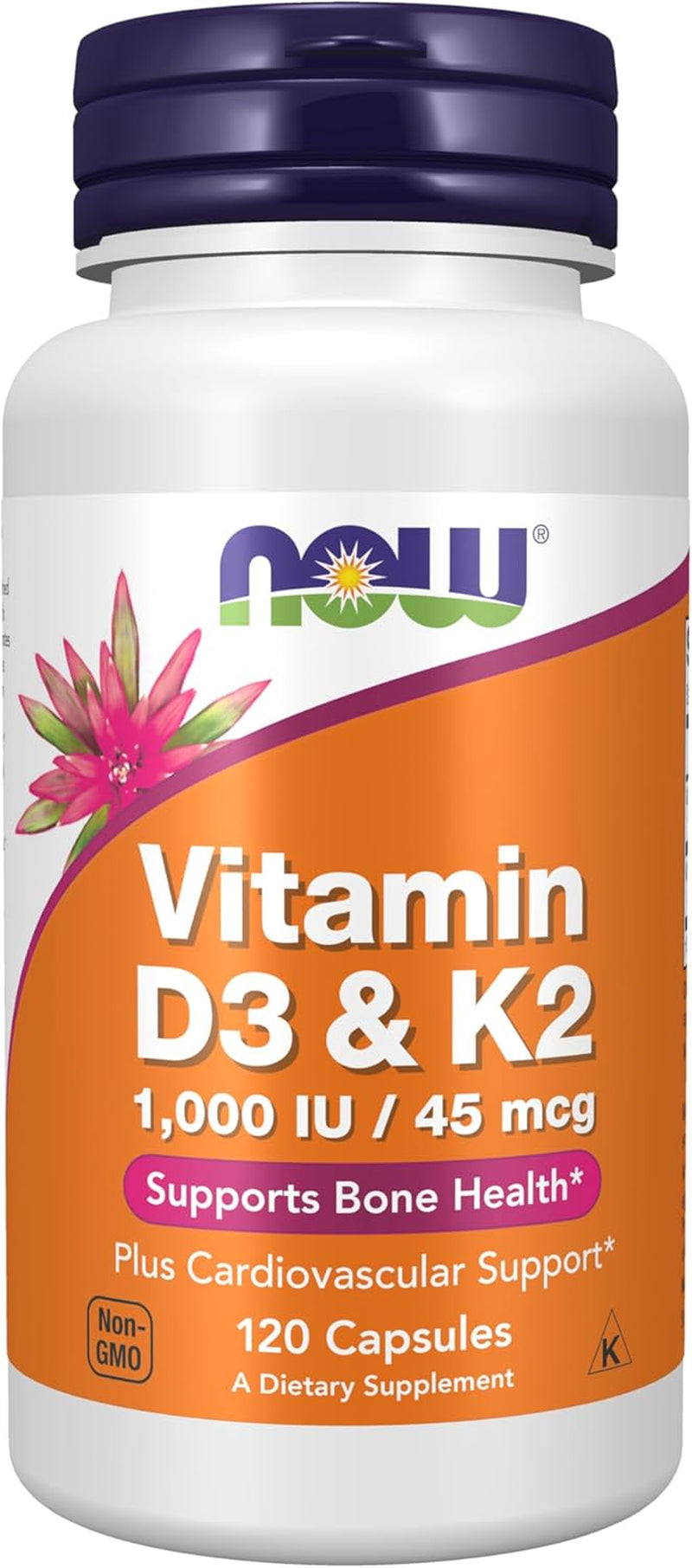 NOW Supplements, Vitamin D-3 & K-2, 1,000 IU/45 Mcg,Plus Cardiovascular Support*, Supports Bone Health*, 120 Veg Capsules