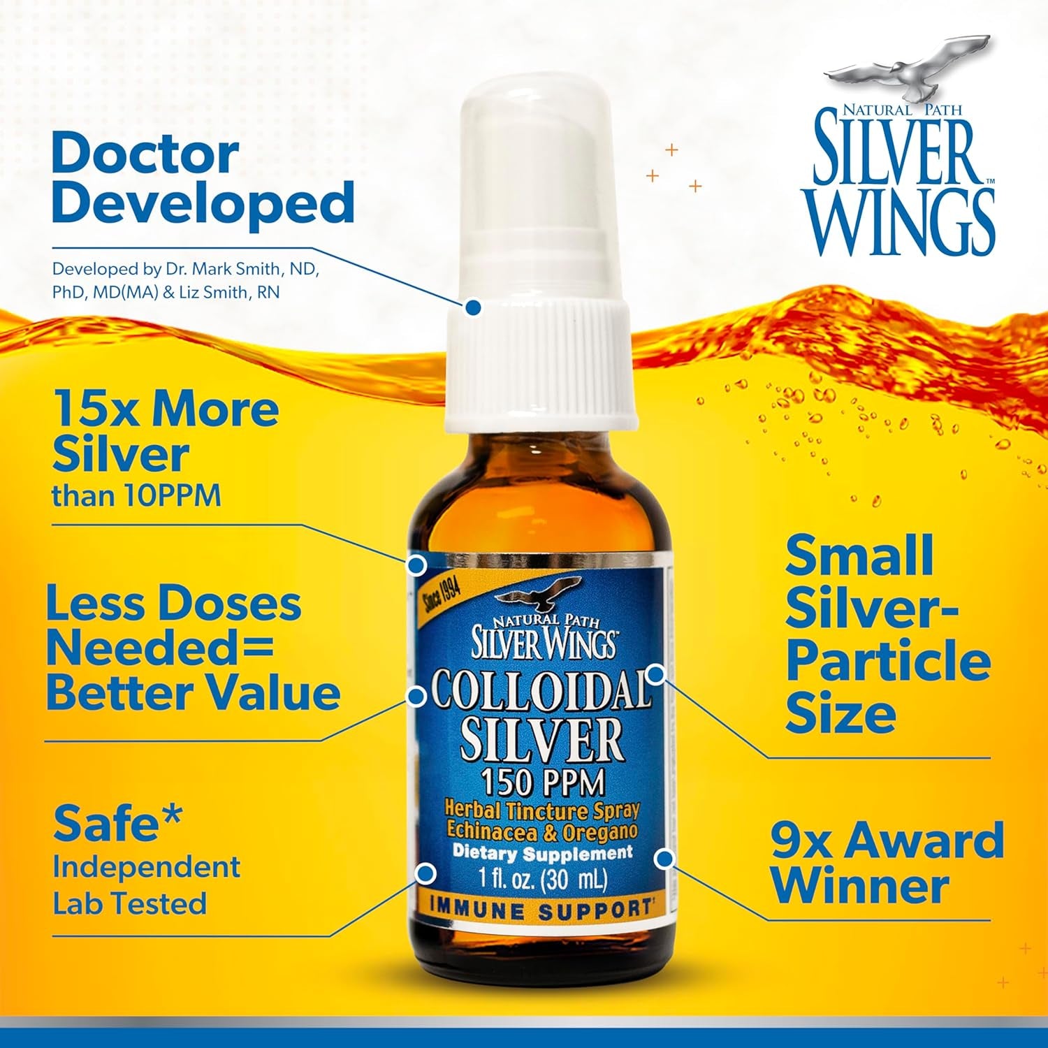 Natural Path Silver Wings Colloidal Silver 150Ppm (750Mcg) W/Echinacea & Oregano Immune Support Supplement - 1 Fl. Oz Spray