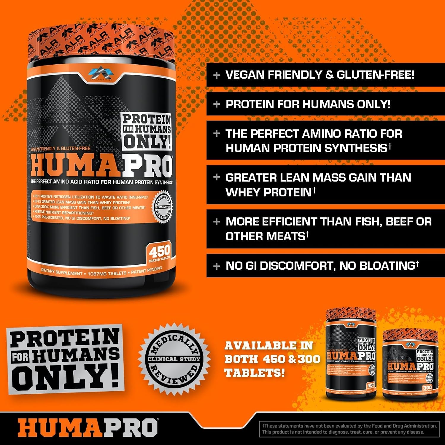 Humapro Tablets | Amino Acids Protein Matrix for Humans | 99% Utilization for Lean Muscle | Vegan, Gluten Free | 450 Tablets / 90 Servings