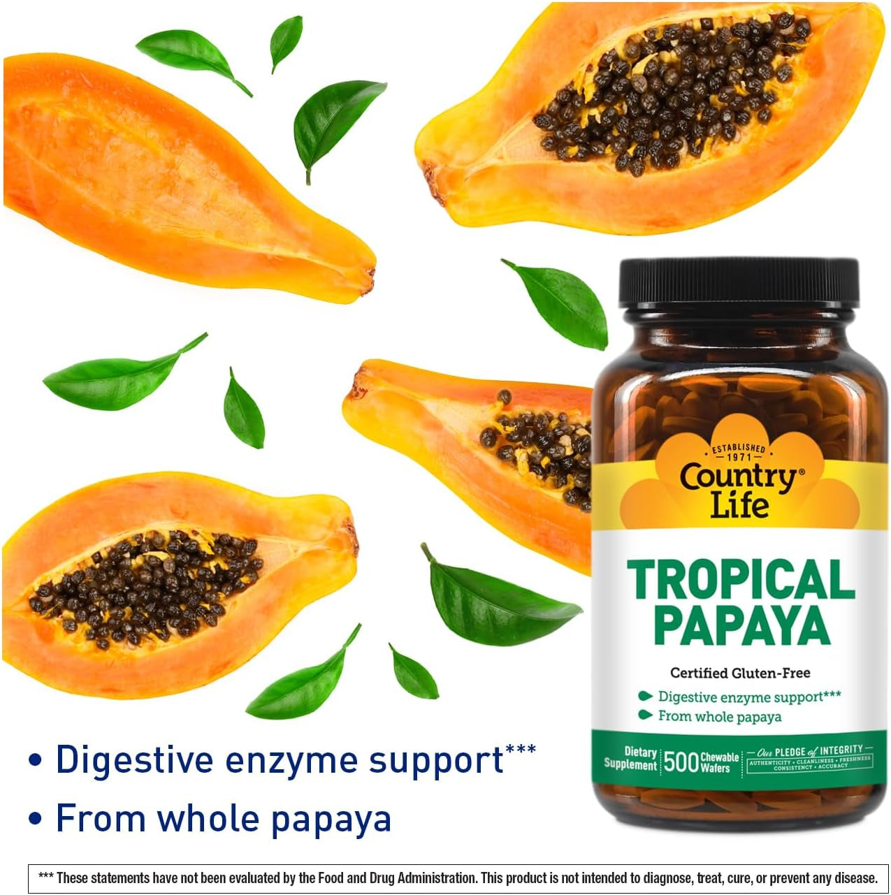 Country Life - Natural Tropical Papaya Enzyme - 500 Chewable Wafers