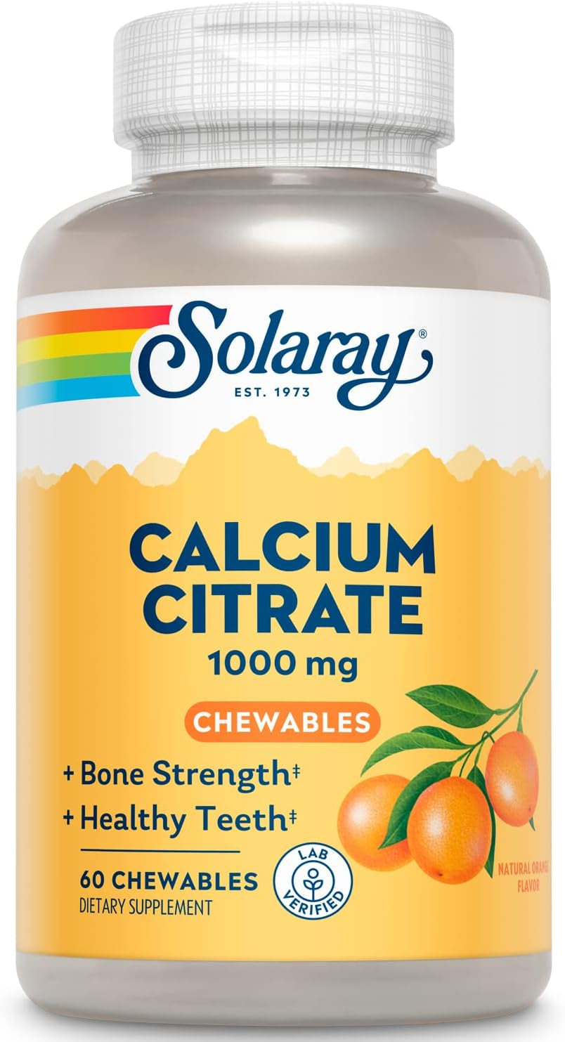 Solaray Calcium Citrate 1000 Mg, Natural Orange Flavor Chelated Calcium Supplement for Bone Strength, Teeth, Nerve, Muscle, and Heart Function Support, 60-Day Guarantee, 15 Servings, 60 Chewables