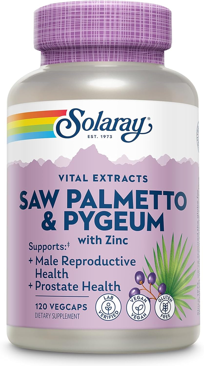 SOLARAY Saw Palmetto & Pygeum - Prostate Health Supplements for Men - Urinary and Male Reproductive Health Support W/Zinc, Pumpkin Seeds, Vitamin B6, Vegan, Gluten Free, 60-Day Guarantee, 30 Servings