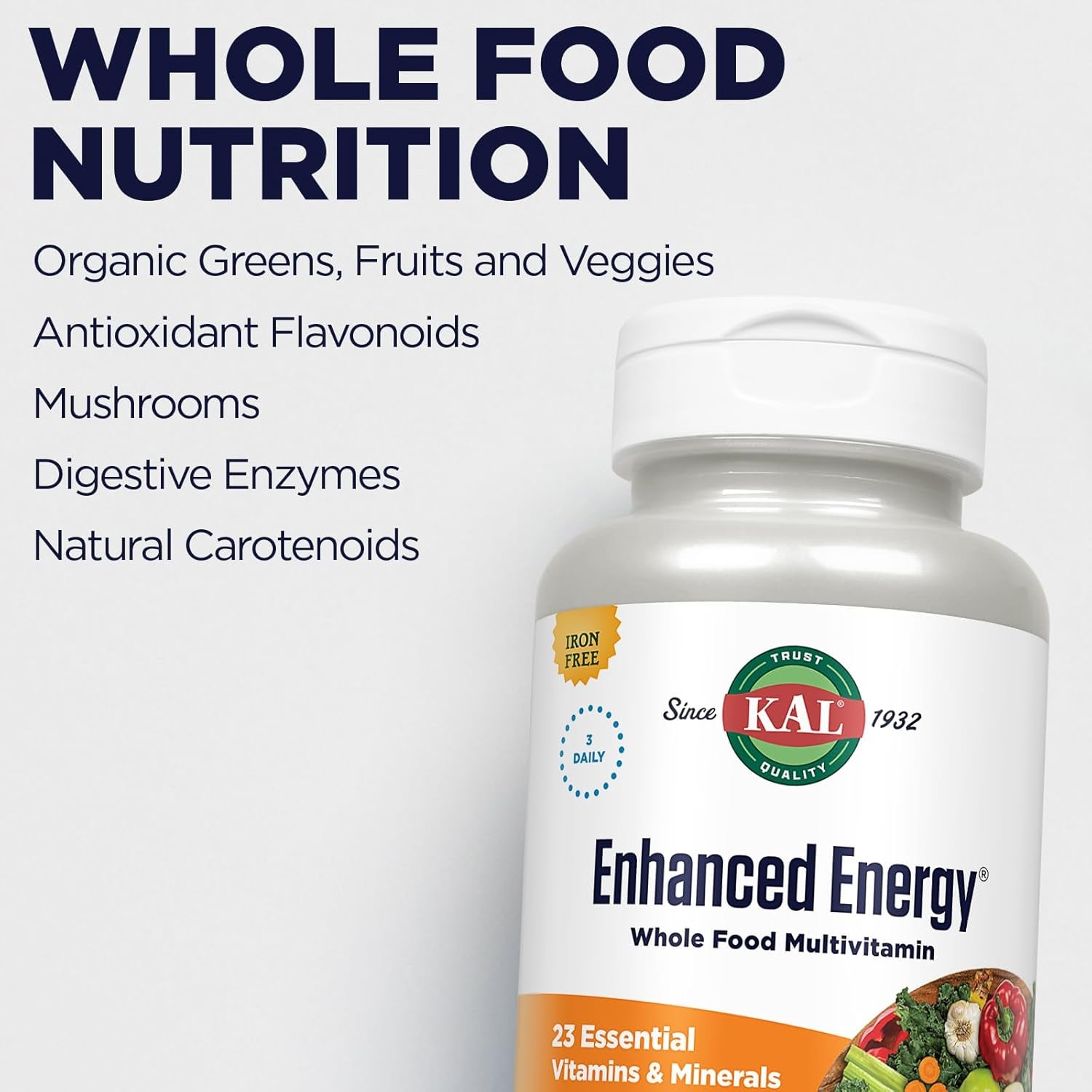 KAL Enhanced Energy Supplements, 3 Daily - Whole Food Multivitamin for Women and Men, Iron Free - 23 Essential Vitamins, Minerals, Super Foods, Digestive Enzymes, 60-Day Guarantee, 30 Serv, 90 Vegtabs