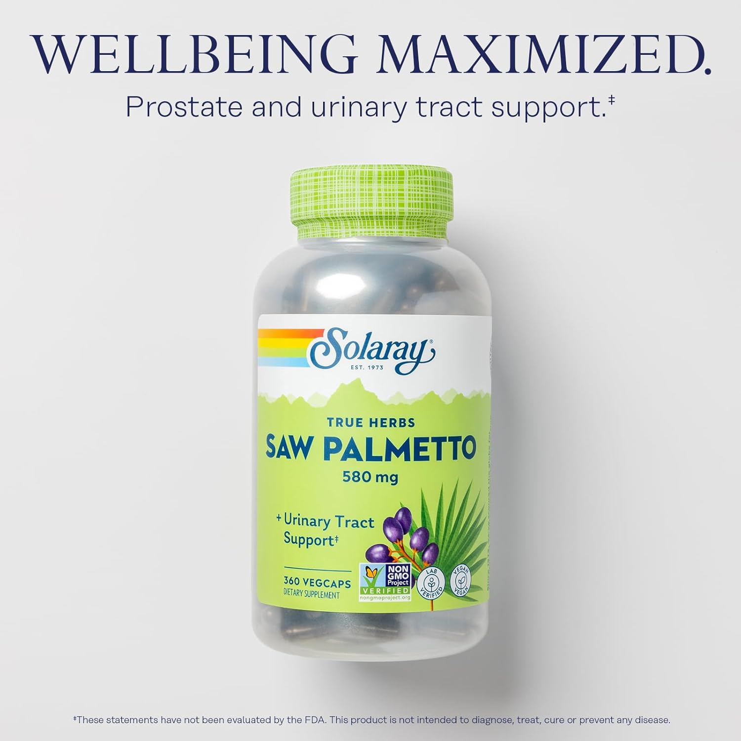 SOLARAY Saw Palmetto Berries 580 Mg - Prostate Supplements for Men - Prostate Health, Urinary Tract Support, Hair Health, W/Fatty Acids and Plant Sterols, Vegan, 60-Day Guarantee, 360 Vegcaps