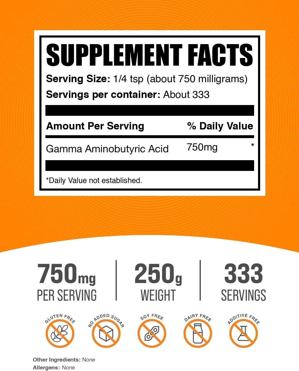Bulksupplements.Com GABA Powder - Gamma Aminobutyric Acid, GABA Supplement, Amino Acid Supplement - Gluten Free, 750Mg per Serving, 250G (8.8 Oz) (Pack of 1)