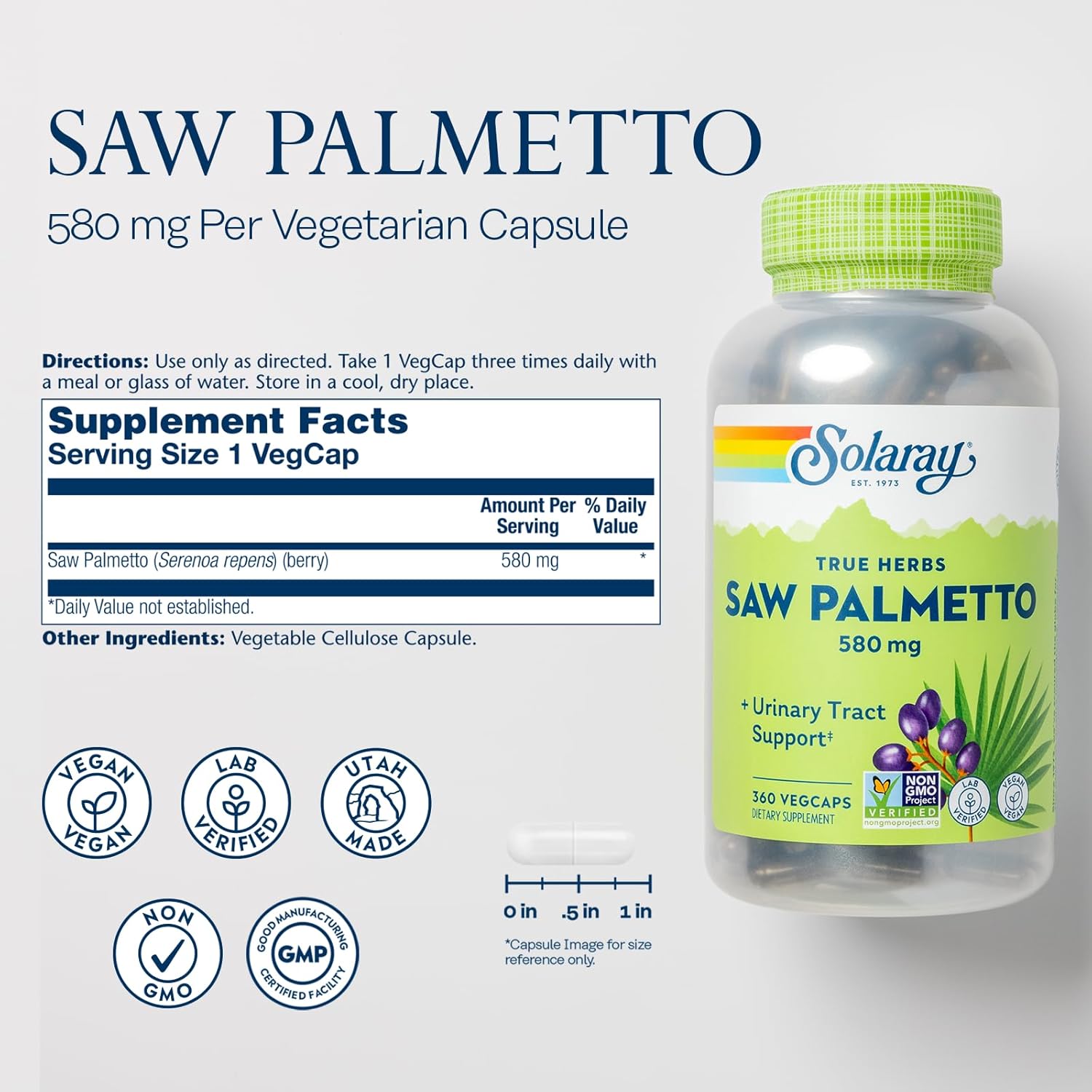 SOLARAY Saw Palmetto Berries 580 Mg - Prostate Supplements for Men - Prostate Health, Urinary Tract Support, Hair Health, W/Fatty Acids and Plant Sterols, Vegan, 60-Day Guarantee, 360 Vegcaps