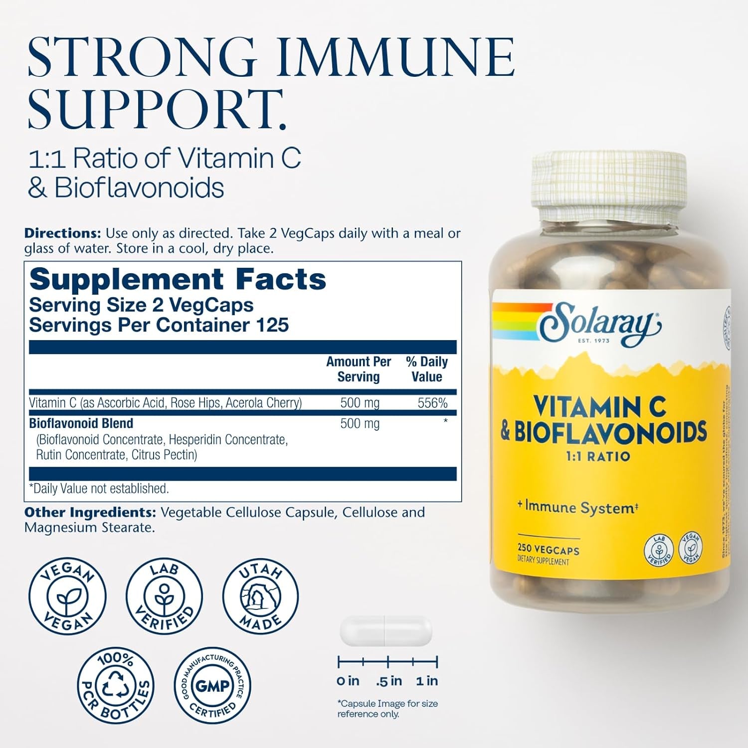 SOLARAY Vitamin C 500Mg with Citrus Bioflavonoids, 1:1 Ratio - Antioxidant and Immune Support Supplement - Vitamin C with Rose HIPS and Acerola, Vegan, 60-Day Guarantee, 125 Servings, 250 Vegcaps