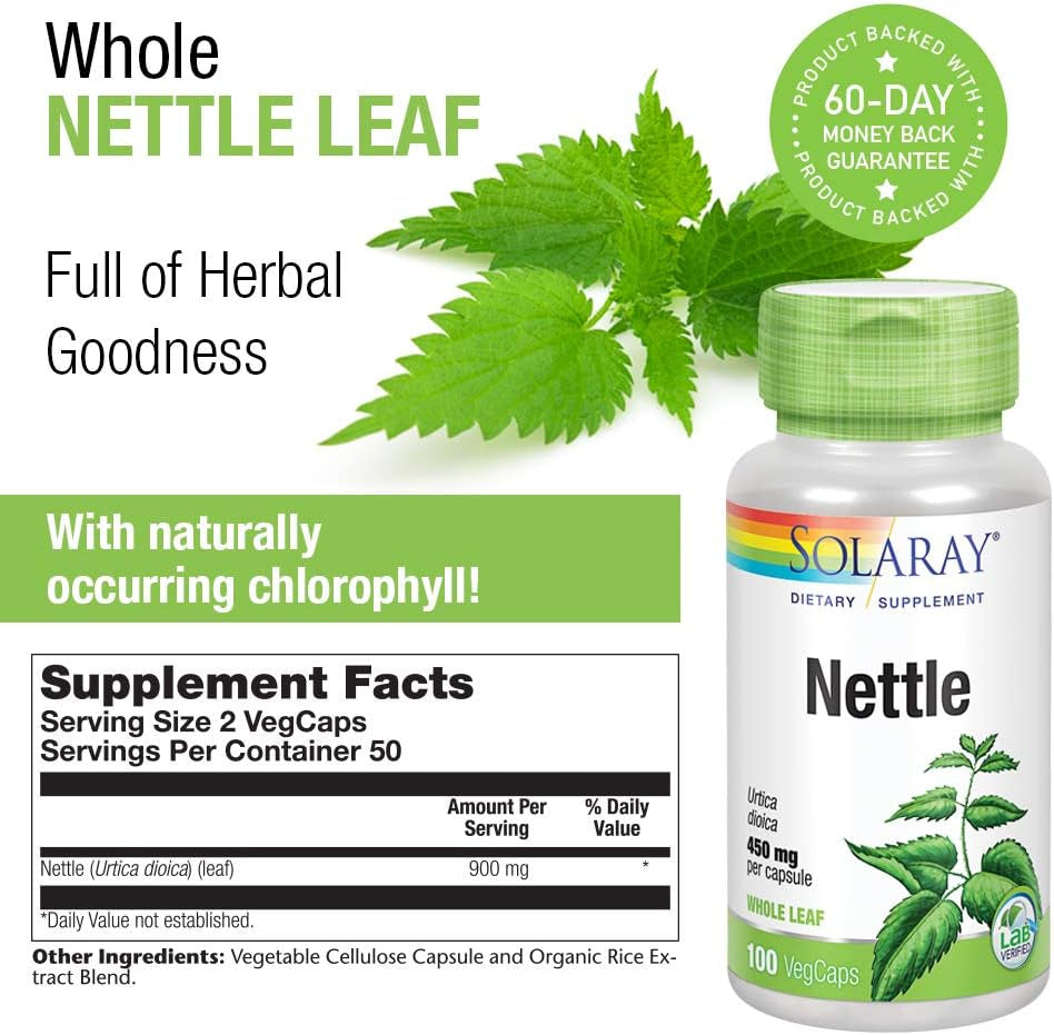 SOLARAY Nettle Leaf 900 Mg, Vegan Supplement for Urinary Health and Kidney Support, Prostate Health and Respiratory Wellness, Non-Gmo, 60 Day Money Back Guarantee 50 Servings, 100 Vegcaps
