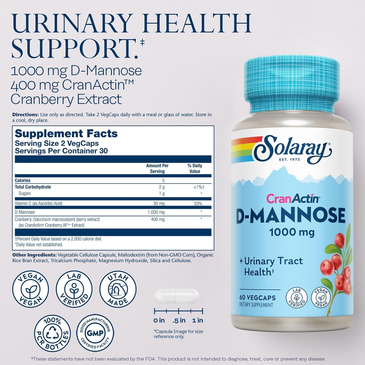 Solaray D-Mannose 1000Mg with Cranactin Cranberry Extract - D Mannose Cranberry Supplement with Vitamin C - Supports Urinary Tract and Bladder Health - Vegan, 60 Day Guarantee, 30 Servings, 60 Vegcaps