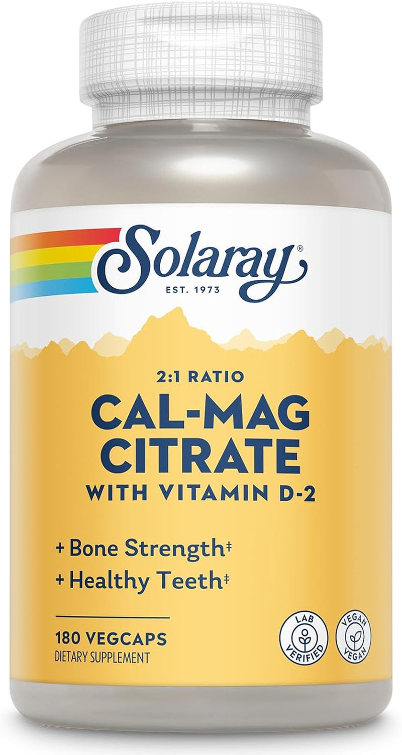 Solaray Calcium Magnesium Citrate 2:1 Ratio - Calcium Supplements for Women and Men W/Magnesium and Vitamin D 2 - Bone Health, Muscle and Nerve Support - Vegan, 60-Day Guarantee, 30 Serv, 180 Vegcaps