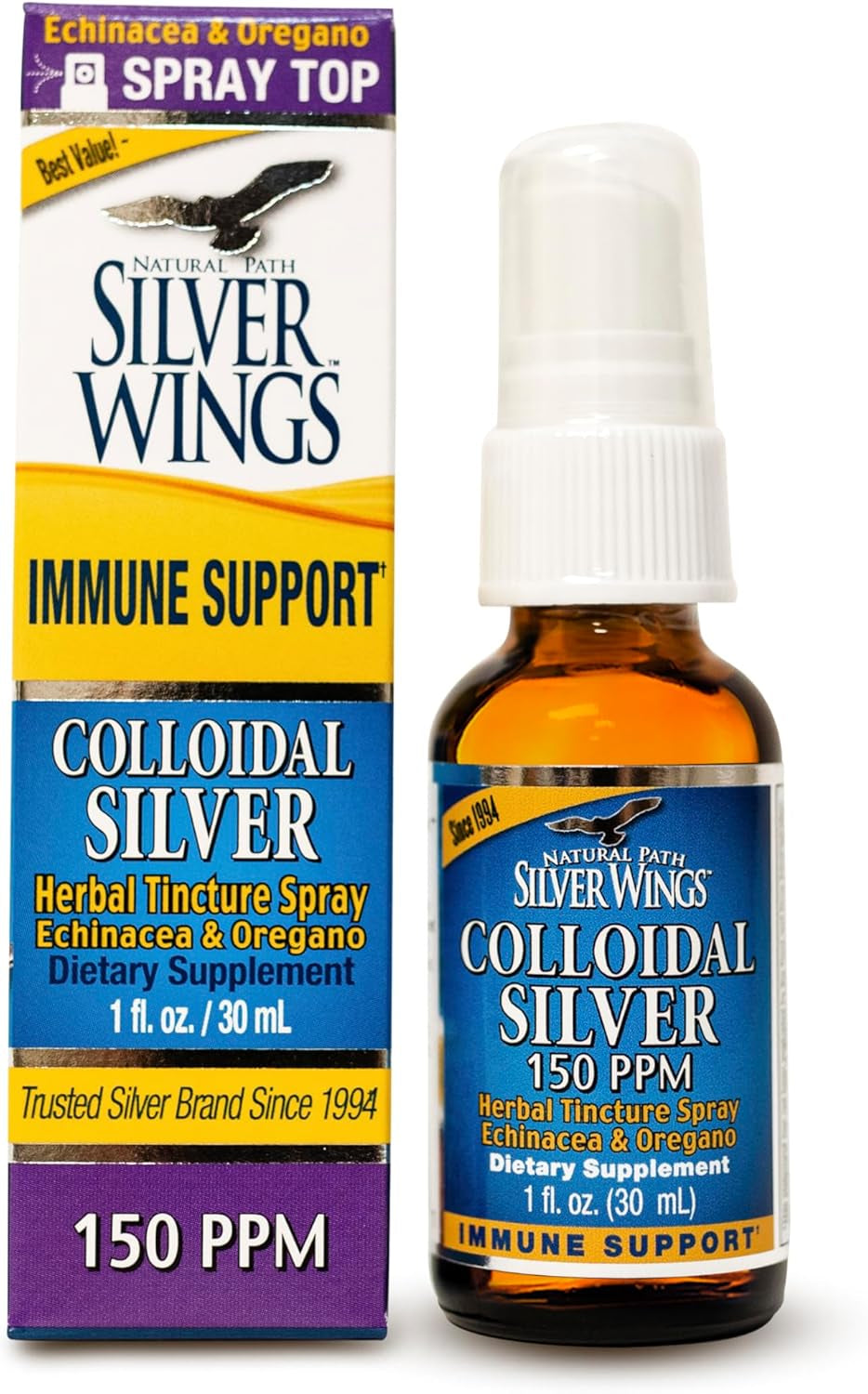 Natural Path Silver Wings Colloidal Silver 150Ppm (750Mcg) W/Echinacea & Oregano Immune Support Supplement - 1 Fl. Oz Spray