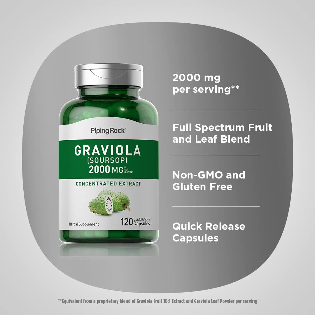 Piping Rock Graviola Soursop Capsules | 2000 Mg | 120 Count | Leaf Supplement | Concentrated Herbal Fruit Extract | Non-Gmo, Gluten Free