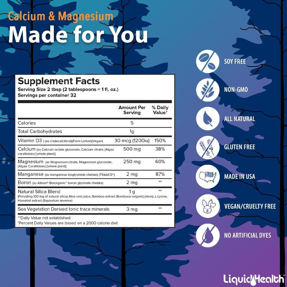 LIQUIDHEALTH Calcium & Magnesium Adult Liquid Vitamin Supplement - Bone, Joint, Muscle, Connective Tissue Support, Heart Health, Essential Nutrients - Made in the USA, Vegan, Non GMO, No Sugar (32 Oz)