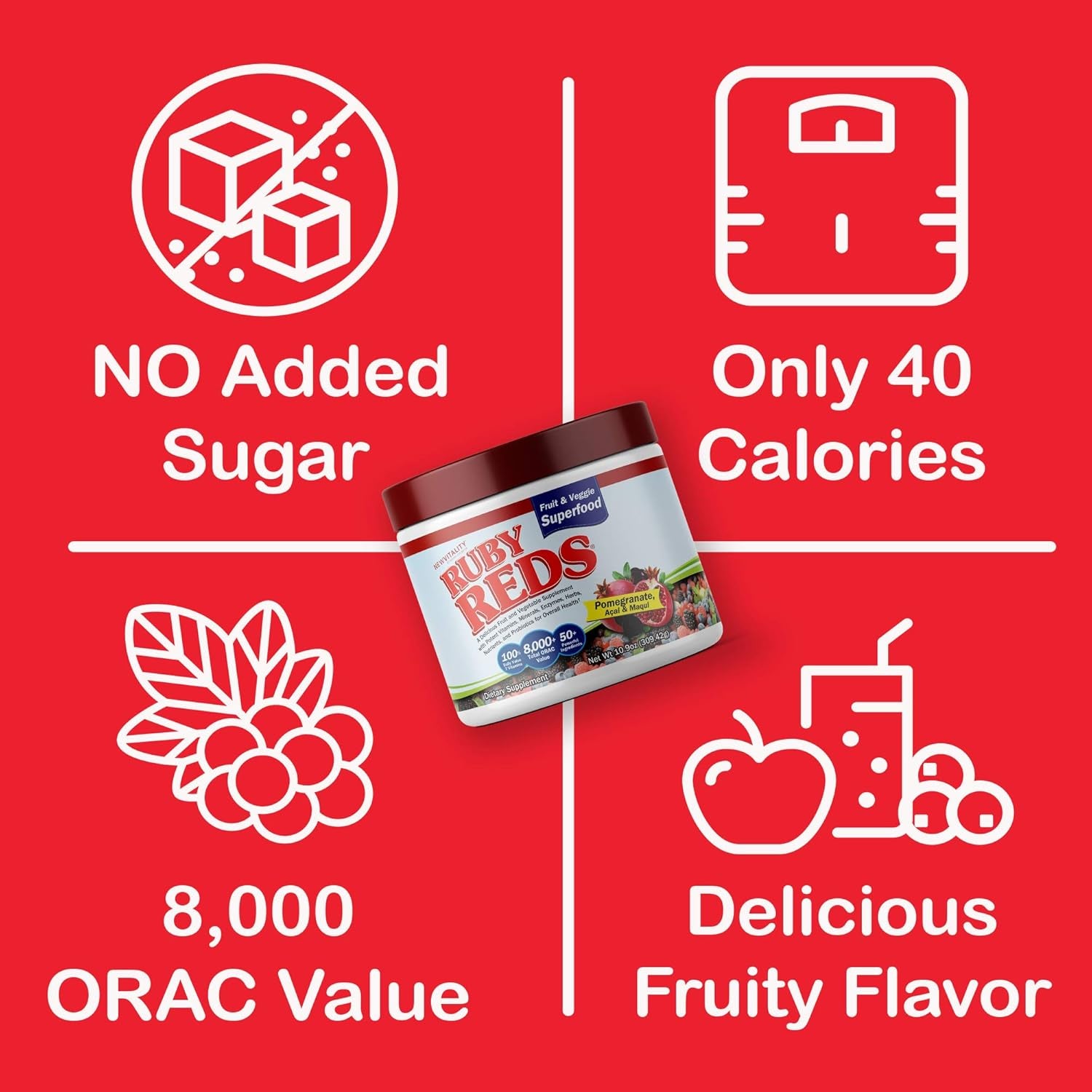 Ruby Reds | Delicious Reds Powder Fruit & Vegetable Supplement with Potent Vitamins, Minerals, Enzymes, Herbs, Nutrients and Probiotics for Overall Health 11 Oz. (30 Servings)