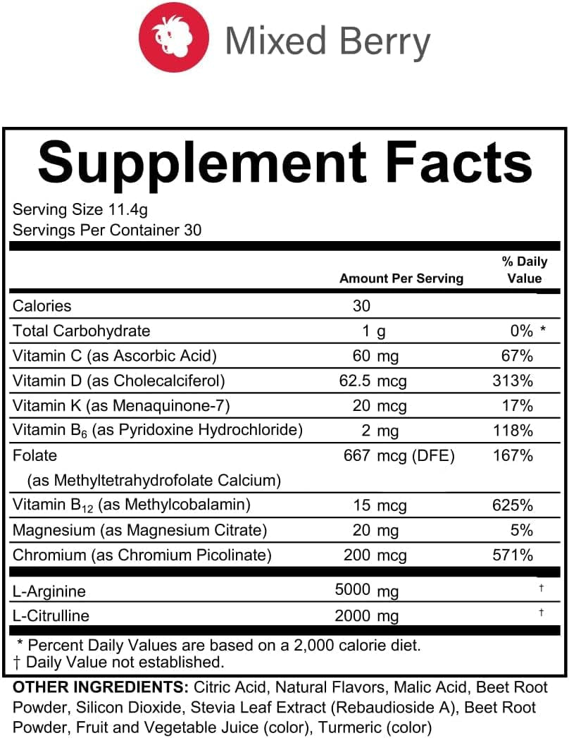 L-Arginine Complete, Mixed Berry - 5000Mg L Arginine, Nitric Oxide Booster, Natural Supplement, Increases Energy and Endurance