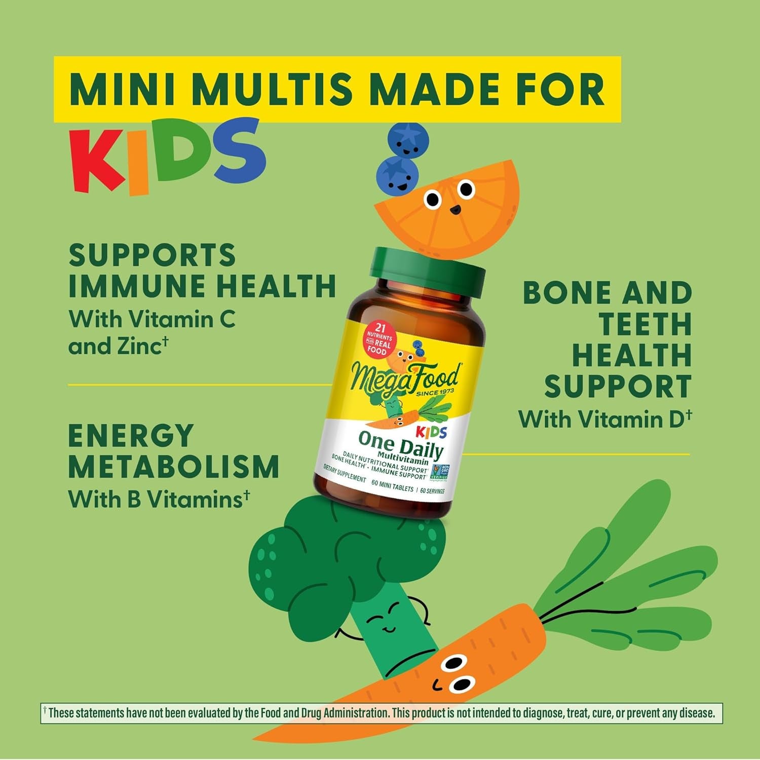 Megafood Kids One Daily Multivitamin - Convenient Mini Multivitamin for Kids - with Zinc, Vitamins C, B & D - Vegetarian, Gluten Free, Non GMO - 60 Tablets, 60 Servings