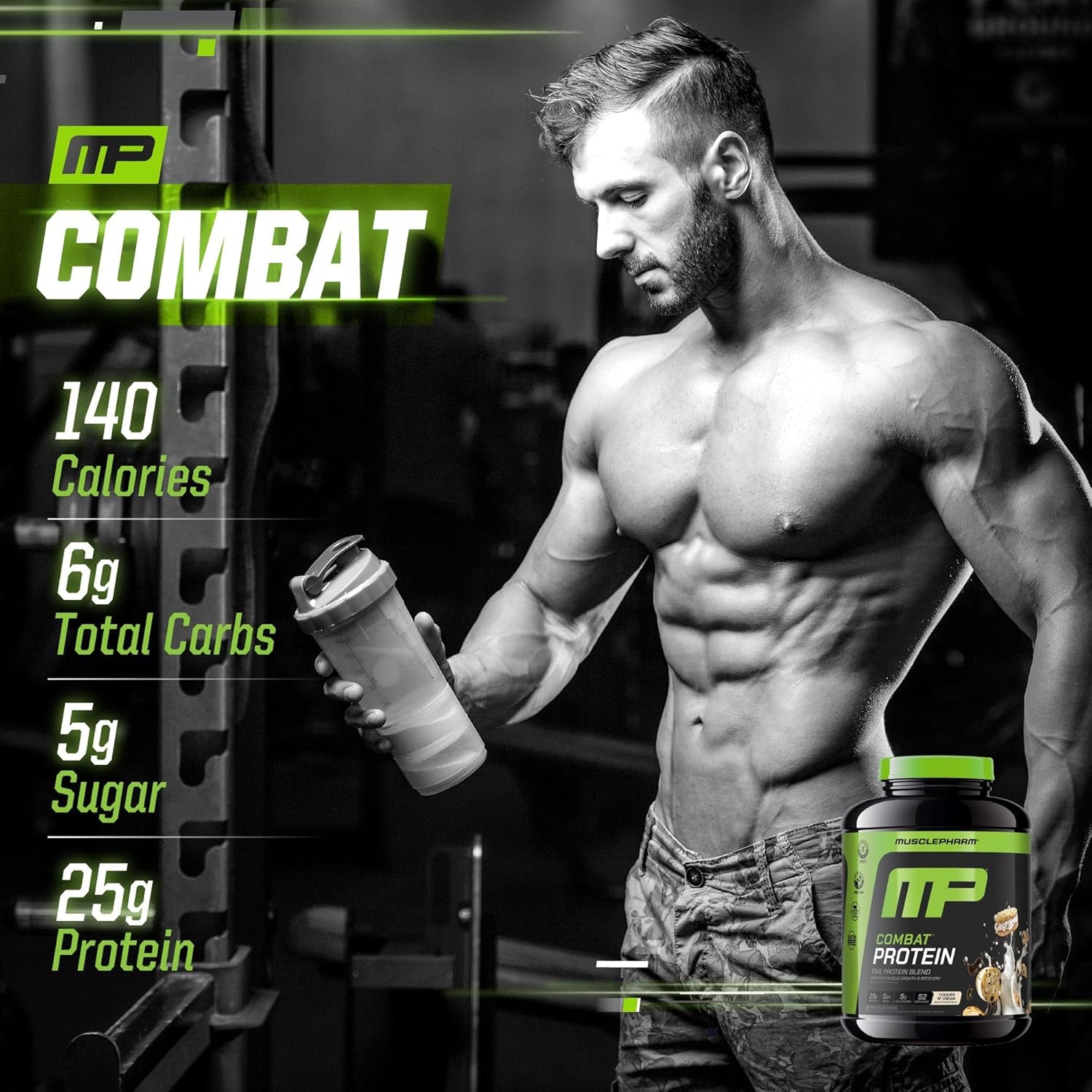 Musclepharm Combat Protein Powder, Cookies ‘N’ Cream Flavor, Fuels Muscles for Productive Workouts, 5 Protein Sources Including Whey Protein Isolate & Egg Albumin, Gluten Free, 4 Lb, 52 Servings