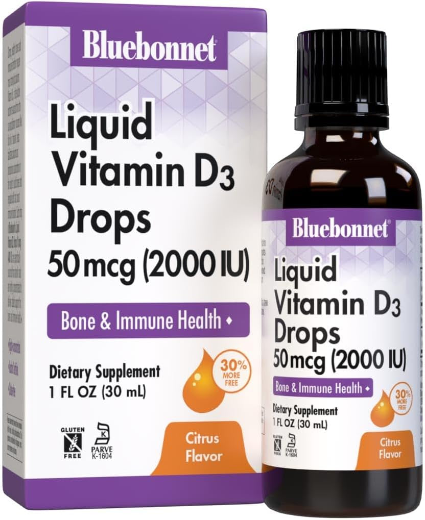 Bluebonnet Vitamin D3 2000IU 50Mcg Strong Bones & Immune Support Supplement - Liquid Vitamins for Women & Men - Lanolin Vit D Drops with MCT Oil - Non-Gmo, Vegetarian - Citrus Flavor - 1 Fl Oz