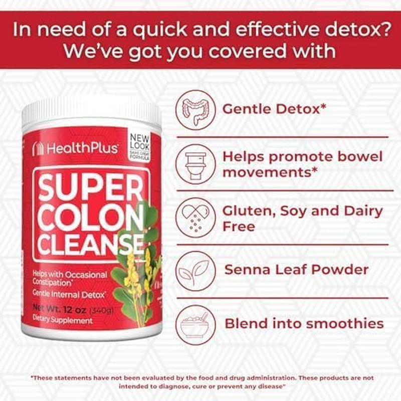 Health plus Super Colon Cleanse, 12 Oz Powder, 68 Servings - Natural Detox, Digestive Constipation Relief, Gentle Gut Cleanse with Psyllium Husk & Senna Leaf