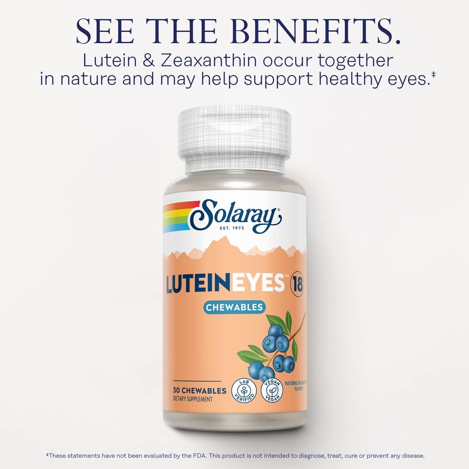 SOLARAY Chewable Lutein Eyes 18 | Eye & Macular Health Support Supplement W/Naturally Occurring Lutein and Zeaxanthin | Non-Gmo | 30 Chewables