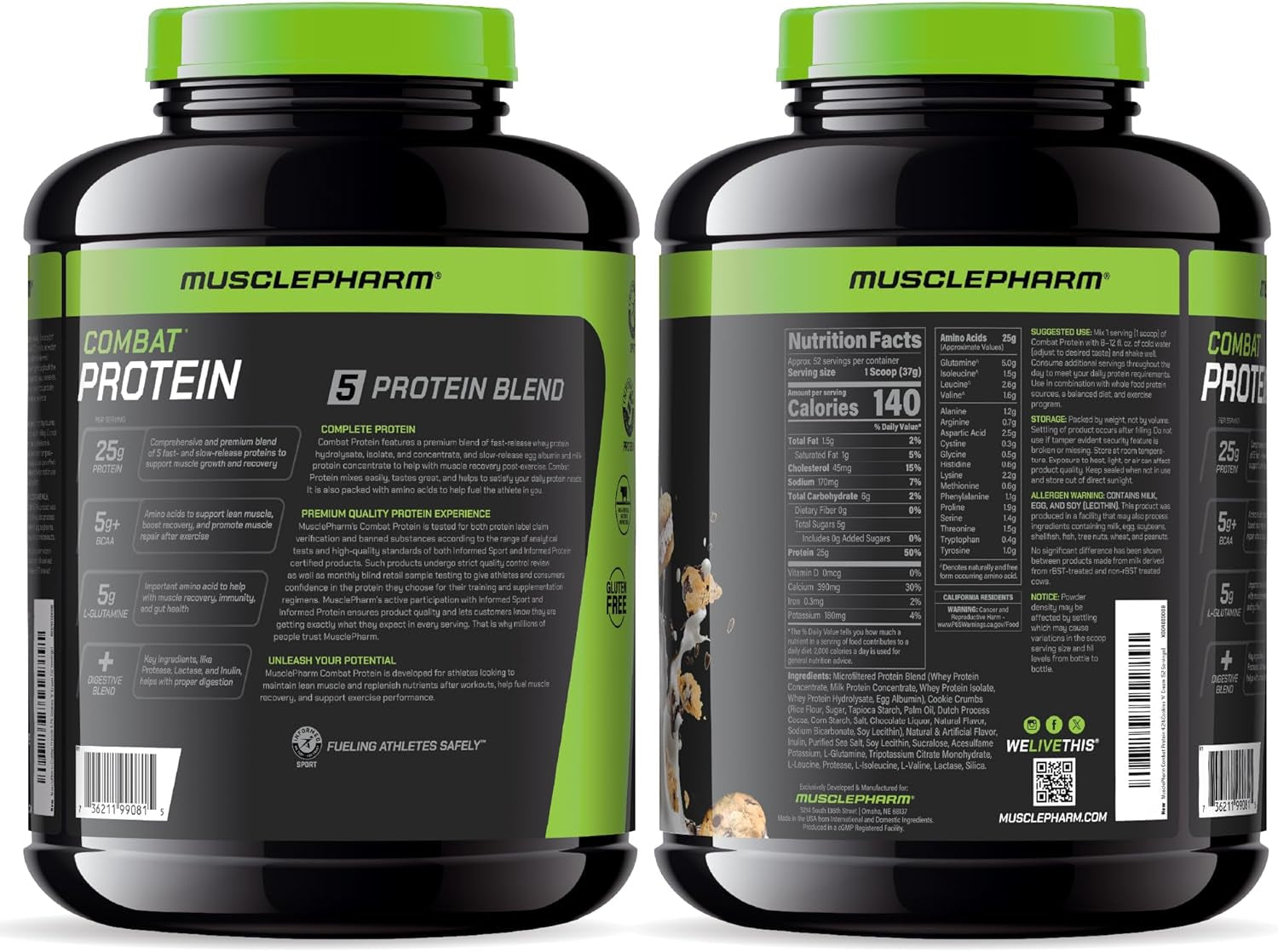 Musclepharm Combat Protein Powder, Cookies ‘N’ Cream Flavor, Fuels Muscles for Productive Workouts, 5 Protein Sources Including Whey Protein Isolate & Egg Albumin, Gluten Free, 4 Lb, 52 Servings