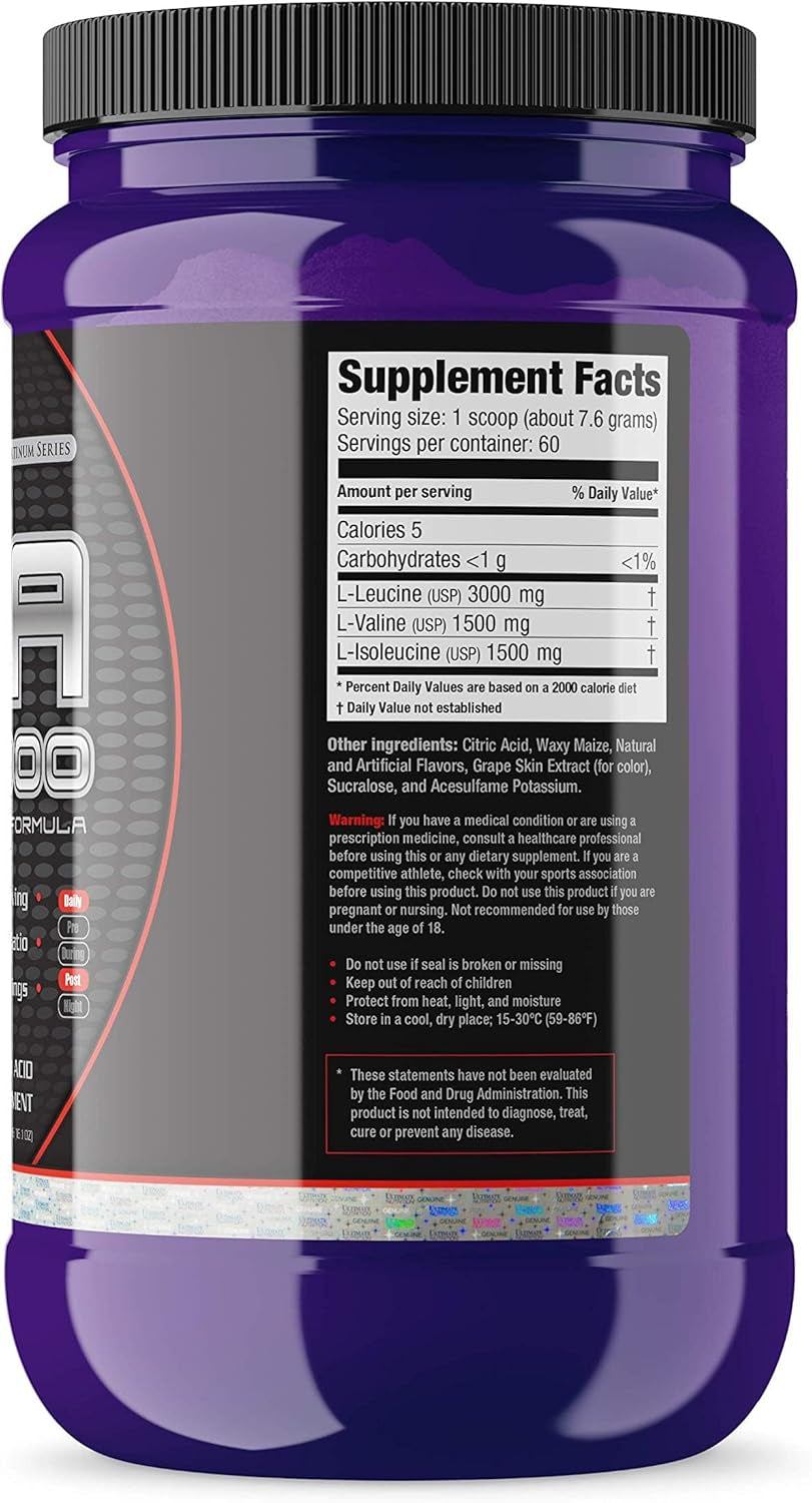 Ultimate Nutrition Flavored BCAA Powder - Caffeine Free with 3G Leucine 1.5G Valine 1.5G Isoleucine - Post Workout Amino Acid Supplement, Grape, 60 Servings