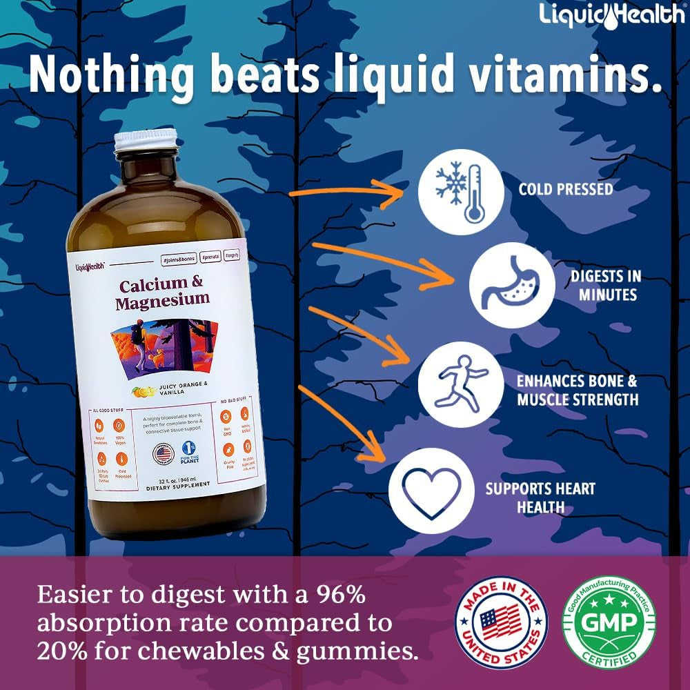 LIQUIDHEALTH Calcium & Magnesium Adult Liquid Vitamin Supplement - Bone, Joint, Muscle, Connective Tissue Support, Heart Health, Essential Nutrients - Made in the USA, Vegan, Non GMO, No Sugar (32 Oz)