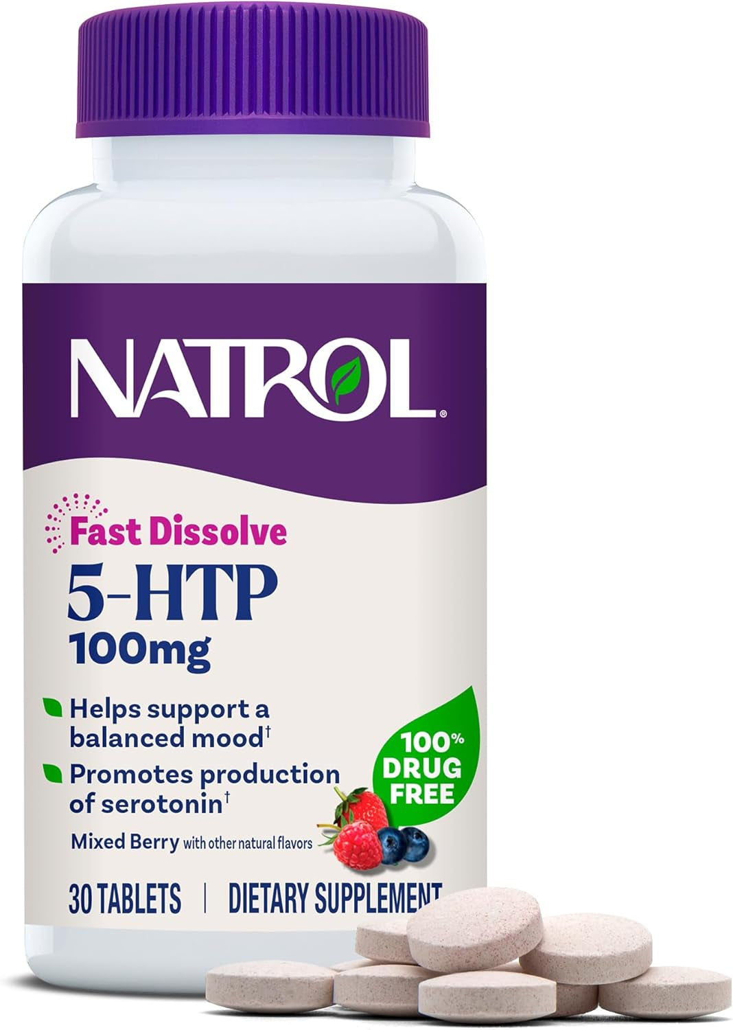 Natrol 5-HTP 100 Mg, Fast Dissolve Supplement, Supports a Balanced Mood, Serotonin Production and General Well-Being, 30 Mixed Berry Tablets, up to a 30 Day Supply