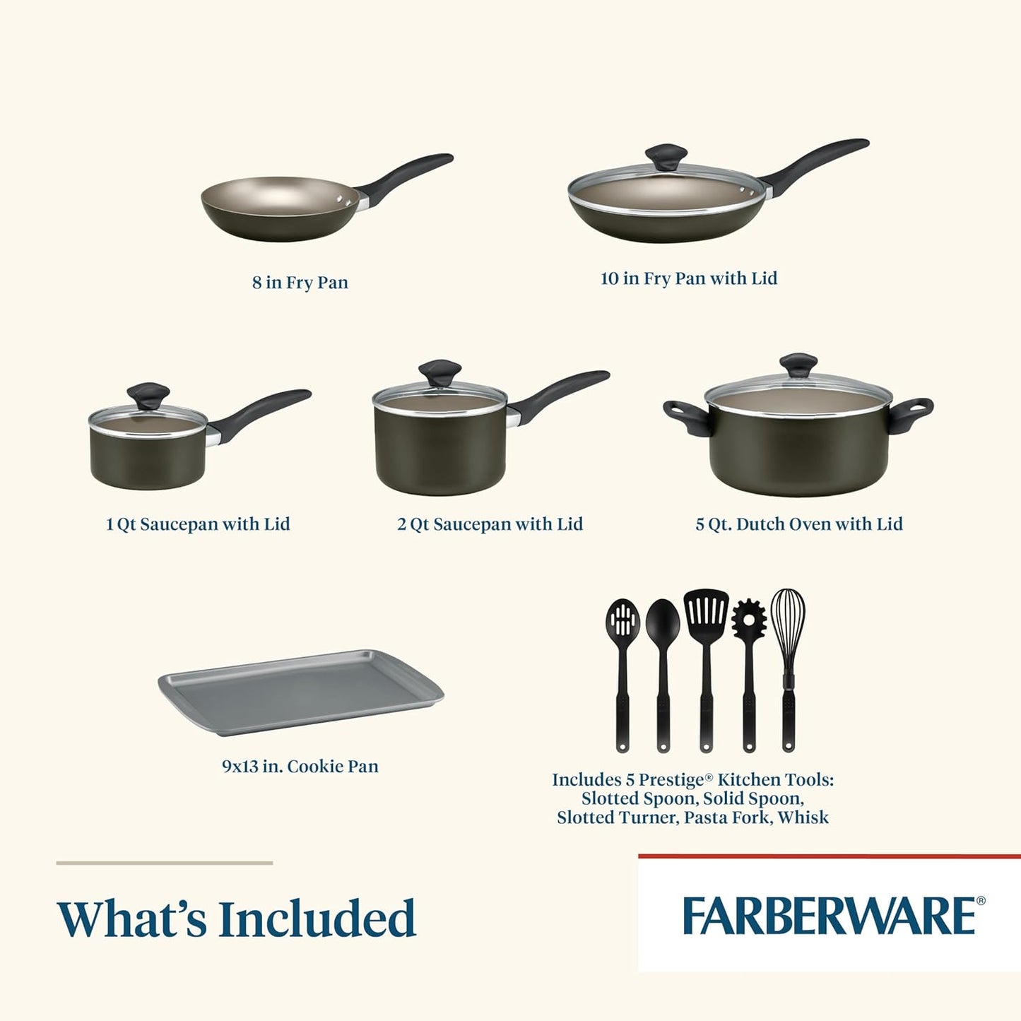 Farberware Dishwasher Safe Nonstick Cookware Pots and Pans Set, 15 Piece, Pewter