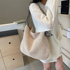 Women'S Casual Woven Straw Beach Tote Bag Lightweight Large Capacity Magnetic Closure Black White Striped Strap