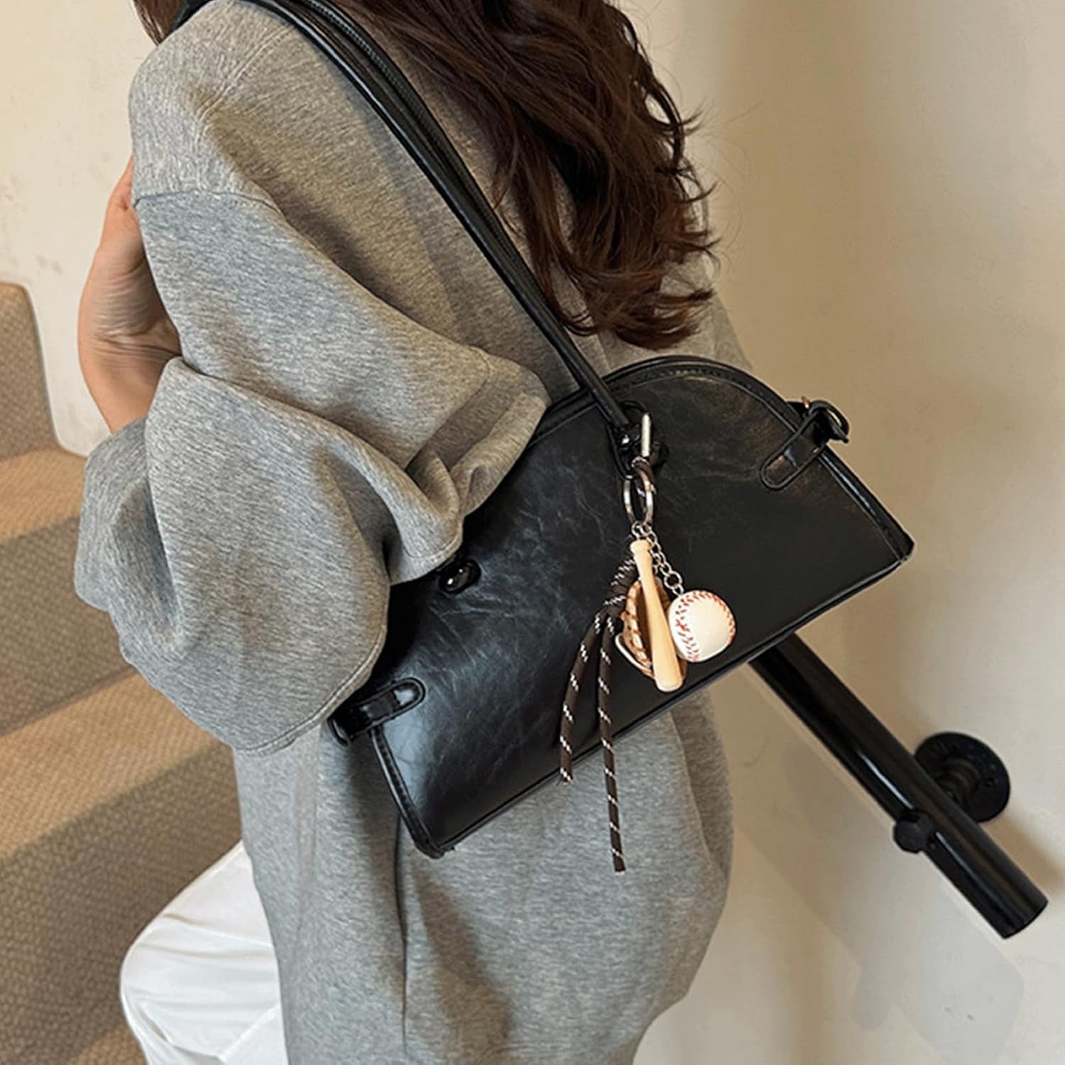 Bowling Bag Purse Retro PU Leather Bowler Bags with Charm Shoulder Handbag Vintage Elegant Purses for Women Girls