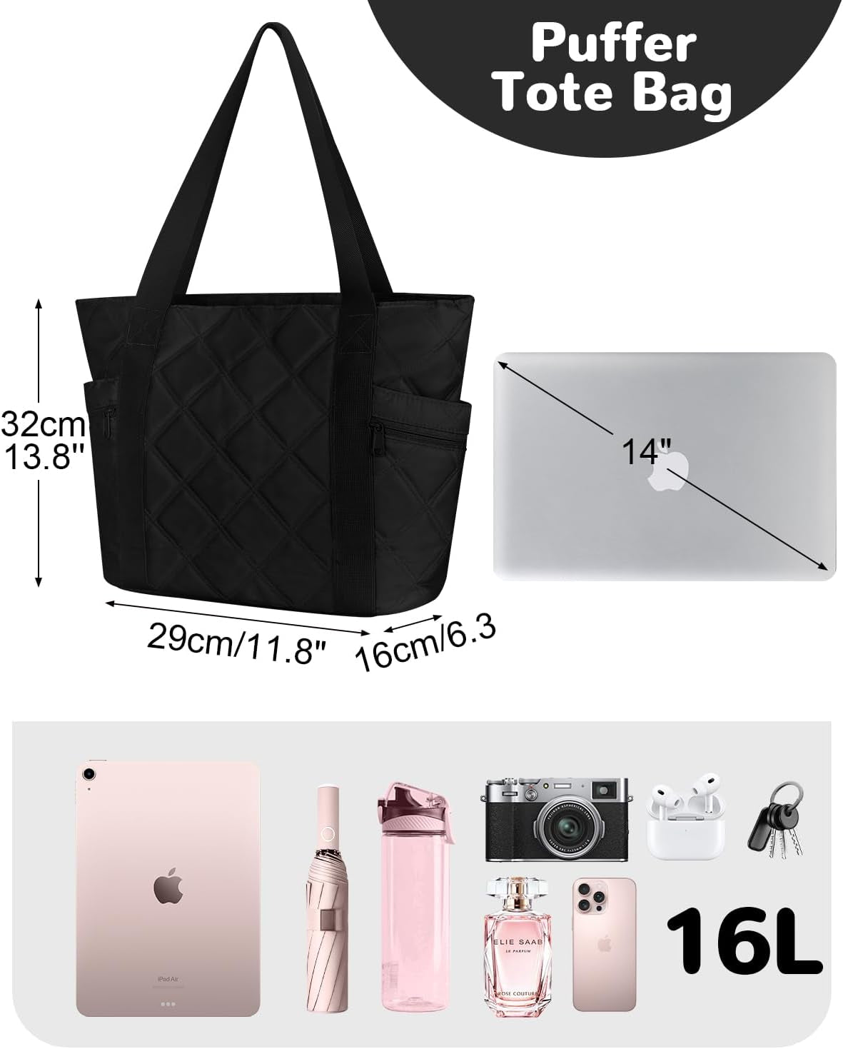16L Small Tote Bag for Women, 14" Laptop Work Bag, Puffer Handbags Carry on Bags for Beach Commute