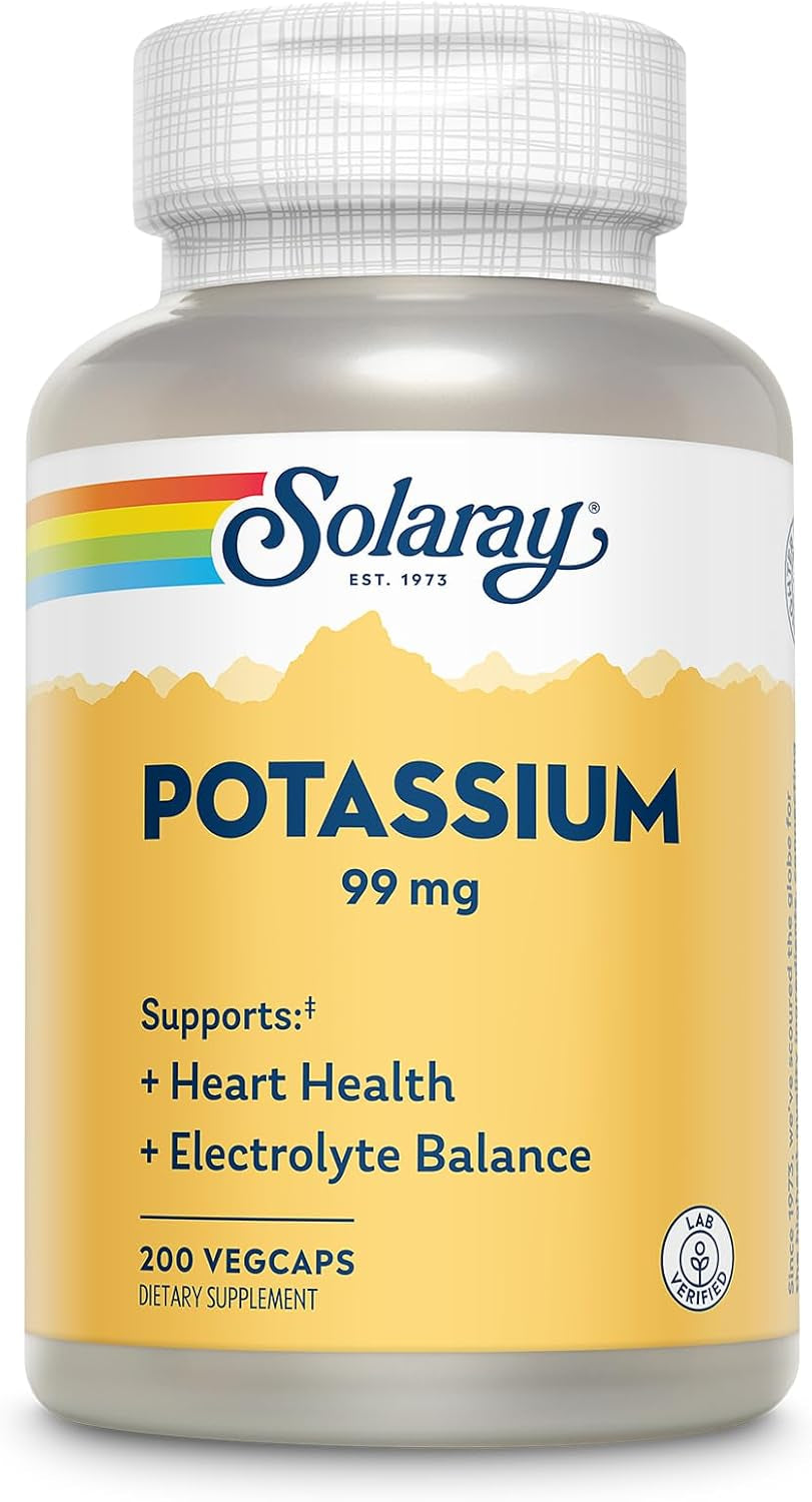 Solaray Potassium 99 Mg - Electrolyte Balance Formula - Potassium Supplement for Electrolytes, Vascular and Heart Health Support - 60-Day Money Back Guarantee, Lab Verified, 200 Servings, 200 Vegcaps
