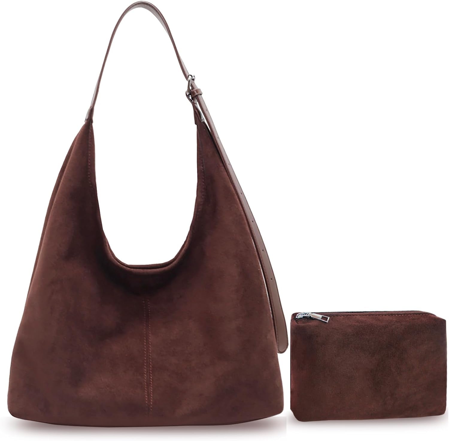 2PCS Brown Suede Bags for Women - Trendy Adjustable Strap Hobo Tote Shoulder Handbag, Fall Winter Faux Suede Purse with Pouch