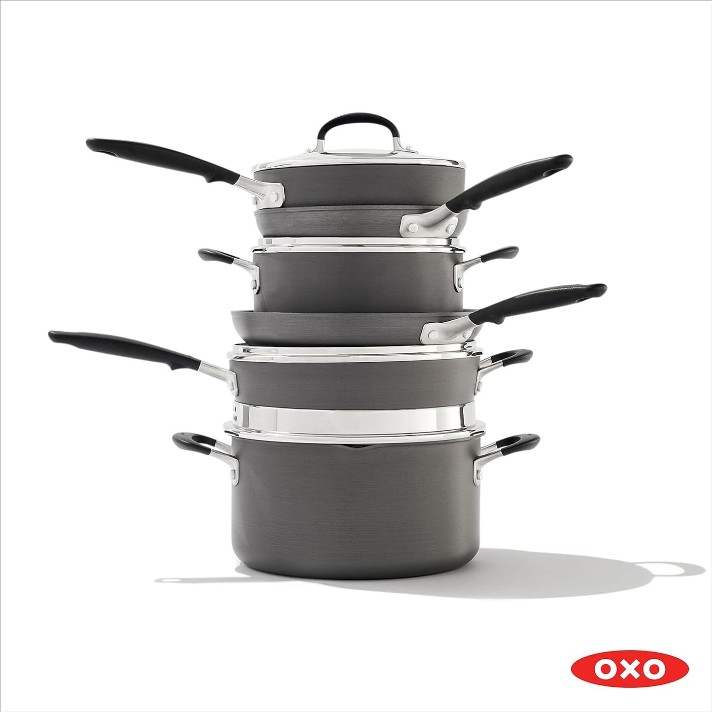 OXO Good Grips 10 Piece Cookware Pots and Pans Set, 3-Layered German Engineered Nonstick Coating, Stainless Steel Handle with Nonslip Silicone, Gray,Black