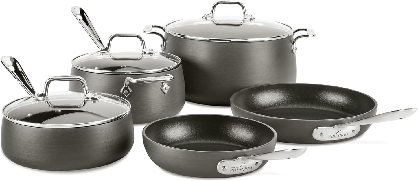 All-Clad HA1 Hard Anodized Non Stick Cookware Set 8 Piece, Induction, Oven Broiler Safe 500F, Lid Safe 350F, Kitchen Cooking Set W/ Frying Pans, Sauce Pans, Stockpot, Pots and Pans Set Non Stick Black