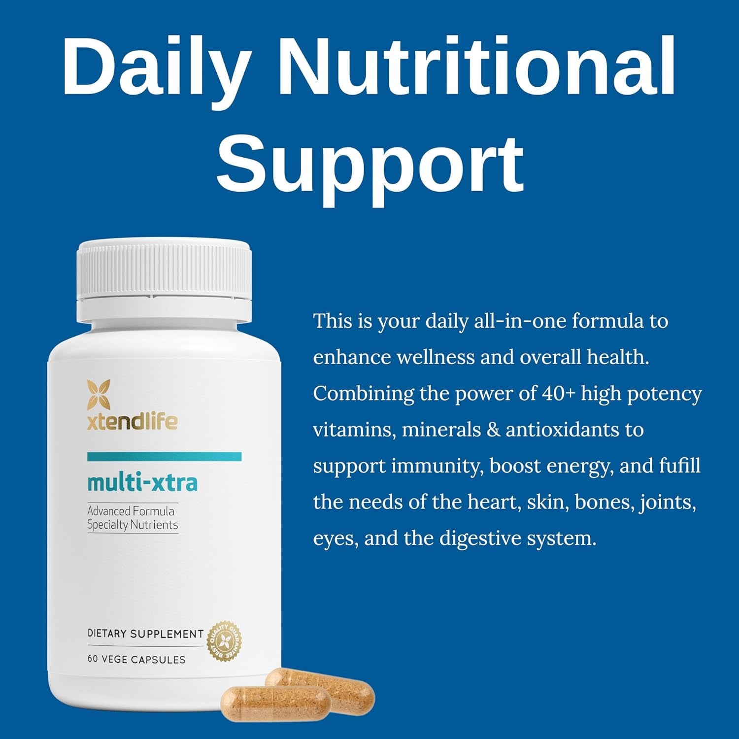 Xtendlife Multi-Xtra Multivitamin for Immune, Heart & Energy Support - 40+ Bioavailable Vitamins, Minerals, Antioxidants & Herbs - for Men, Women & Children - 30 Day Supply