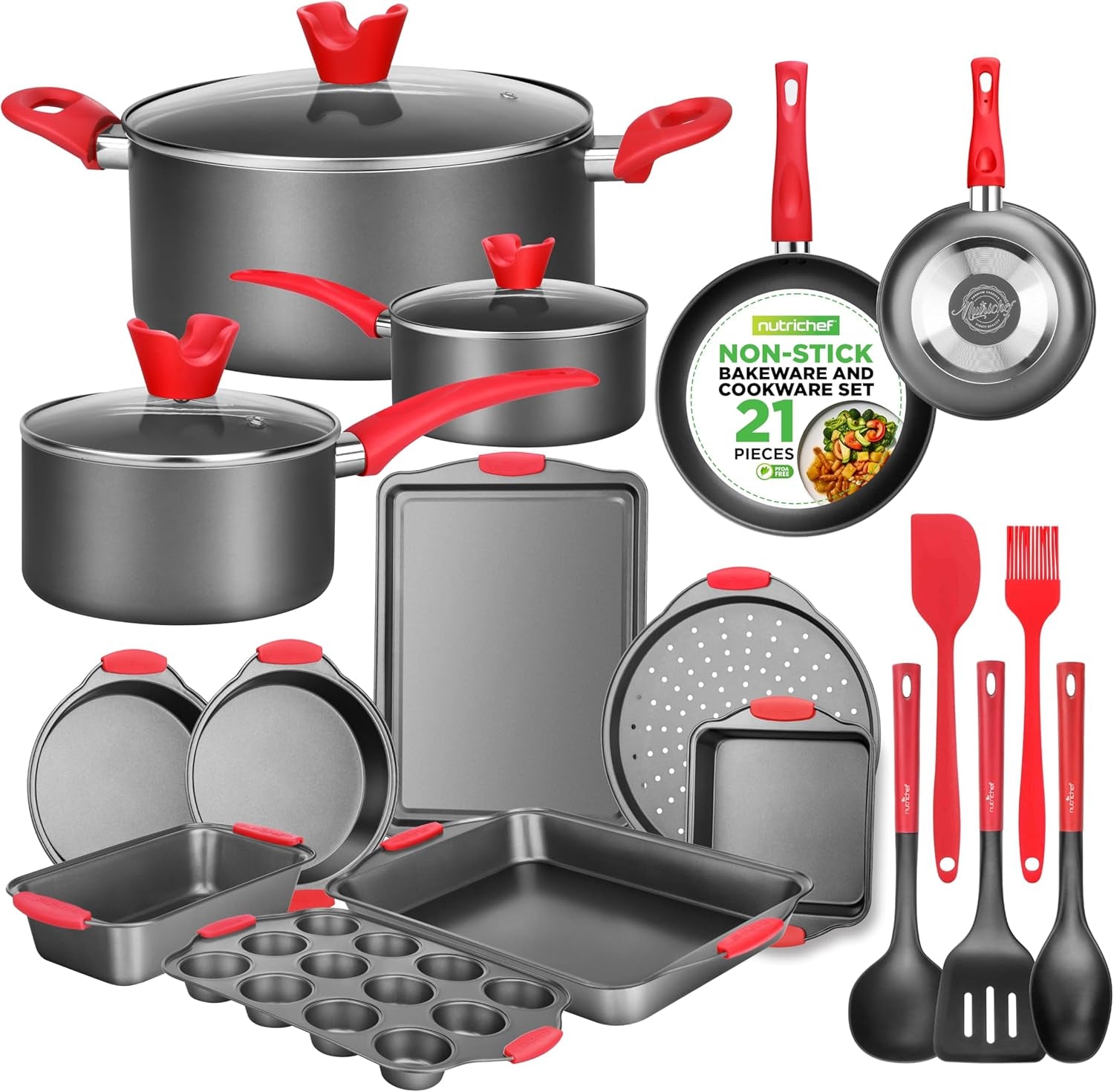 Nutrichef 21-Piece Nonstick Cookware Set - Includes Saucepans, Skillets, round & Square Baking Pans, Loaf & Muffin Pans, Pizza Crisper, Cookie Sheet, & Silicone Utensils - Complete Kitchen Set