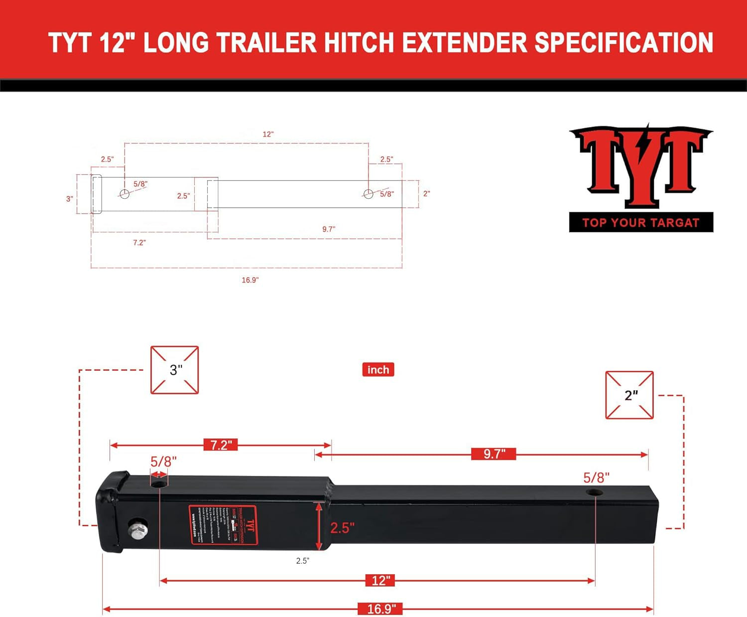 TYT 305 Mm Trailer Hitch Extension for 50.8 Mm Receiver Tube Extender, Tube Exte