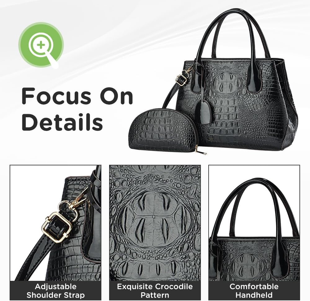 Crocodile Embossed PU Leather Handbag Set - 2-Piece Tote with Matching Pouch, Stylish and Durable Shoulder Bag for Women (Black)