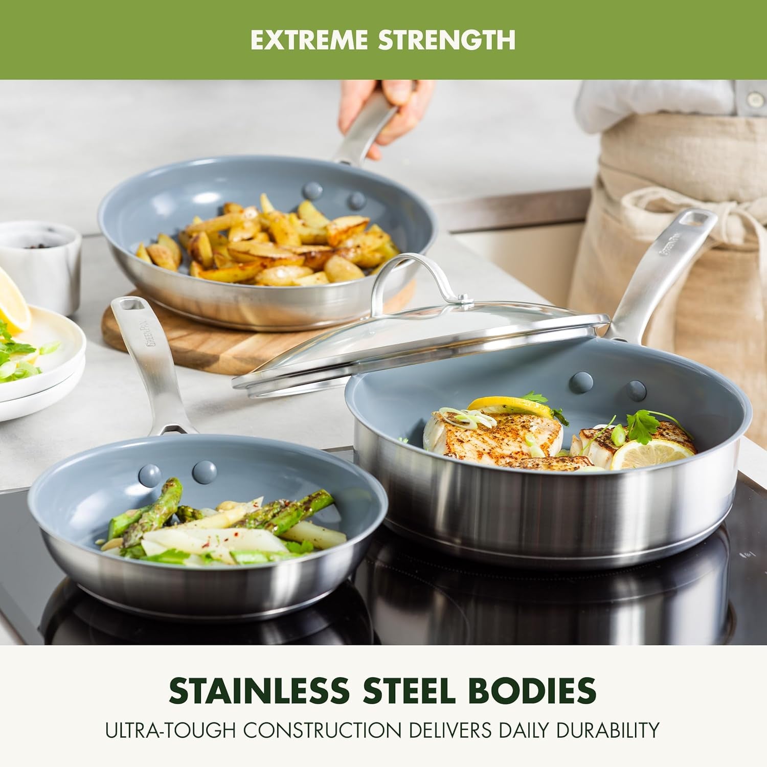 Greenpan Treviso Stainless Steel Healthy Ceramic Nonstick, 10 Piece Cookware Pots and Pans Set, Pfas-Free, Clad, Induction, Dishwasher Safe, Silver