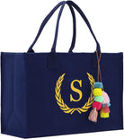 VANESSA ROSELLA Premium Quality Personalized Gift Monogram Initial 100% Cotton Chic Tote Bag for Women - Navy