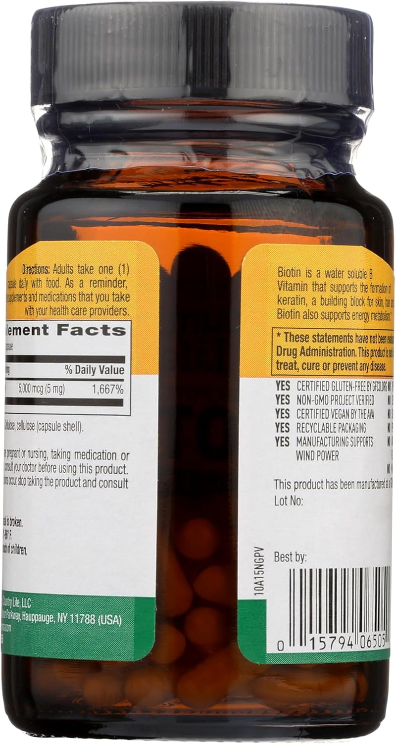 Country Life Biotin 5 Mg Super Potency Capsules, 60 Capsules