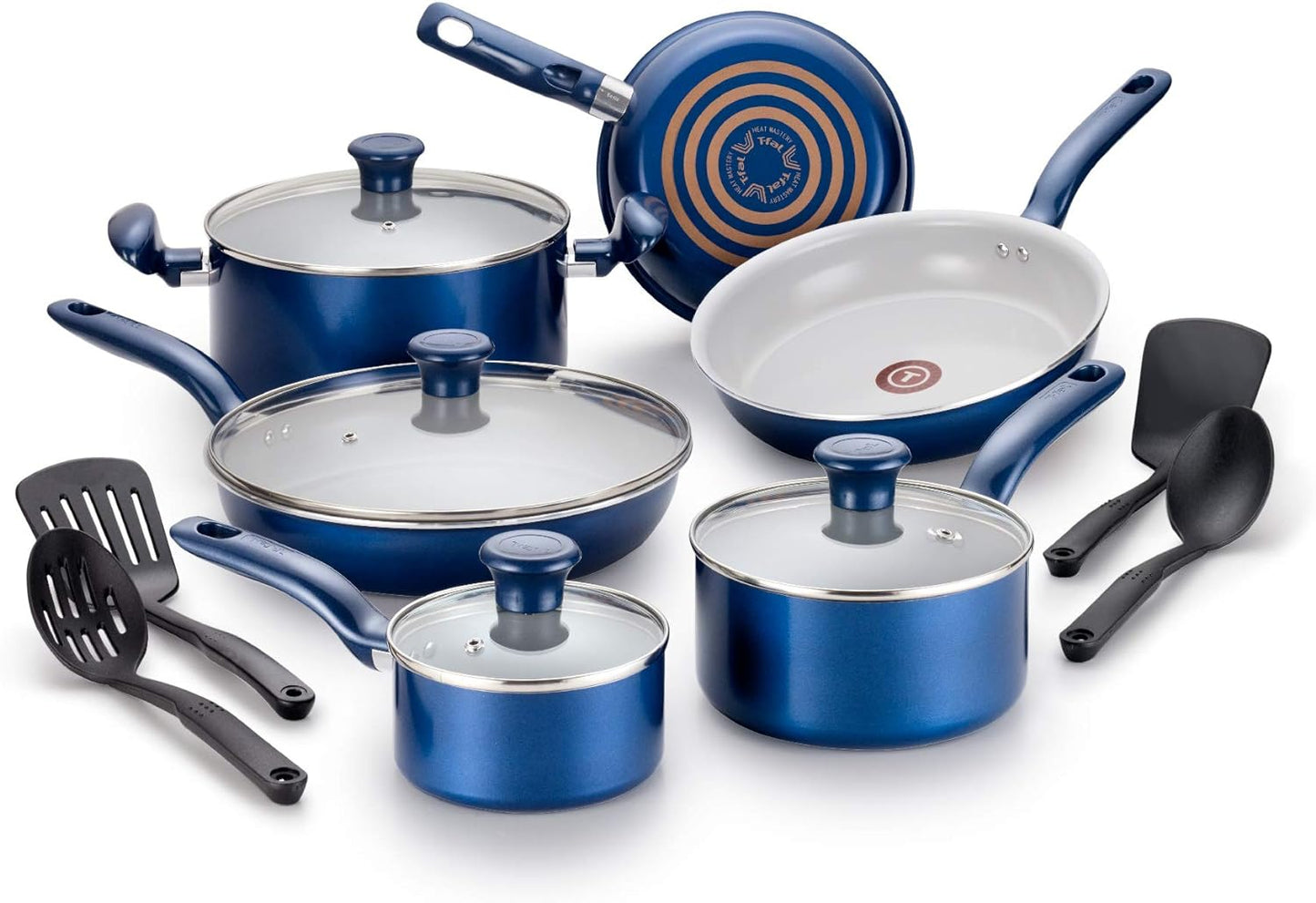 T-Fal Initiatives Ceramic Nonstick Cookware Set 14 Piece Oven Safe 350F Pots and Pans Blue