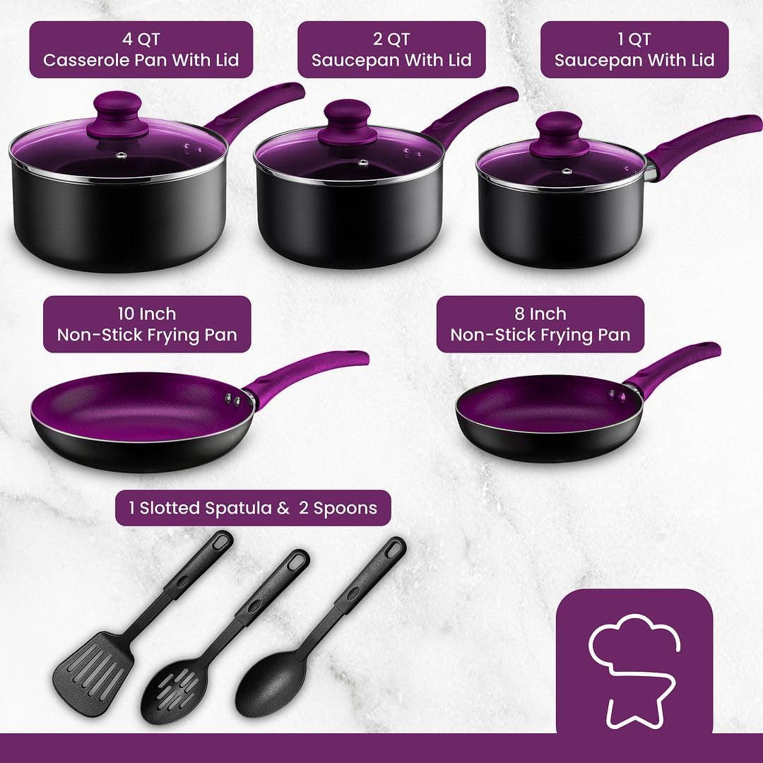 Chef'S Star Pots and Pans Set Kitchen Cookware Sets Nonstick Aluminum Cooking Essentials 11 Pieces Purple