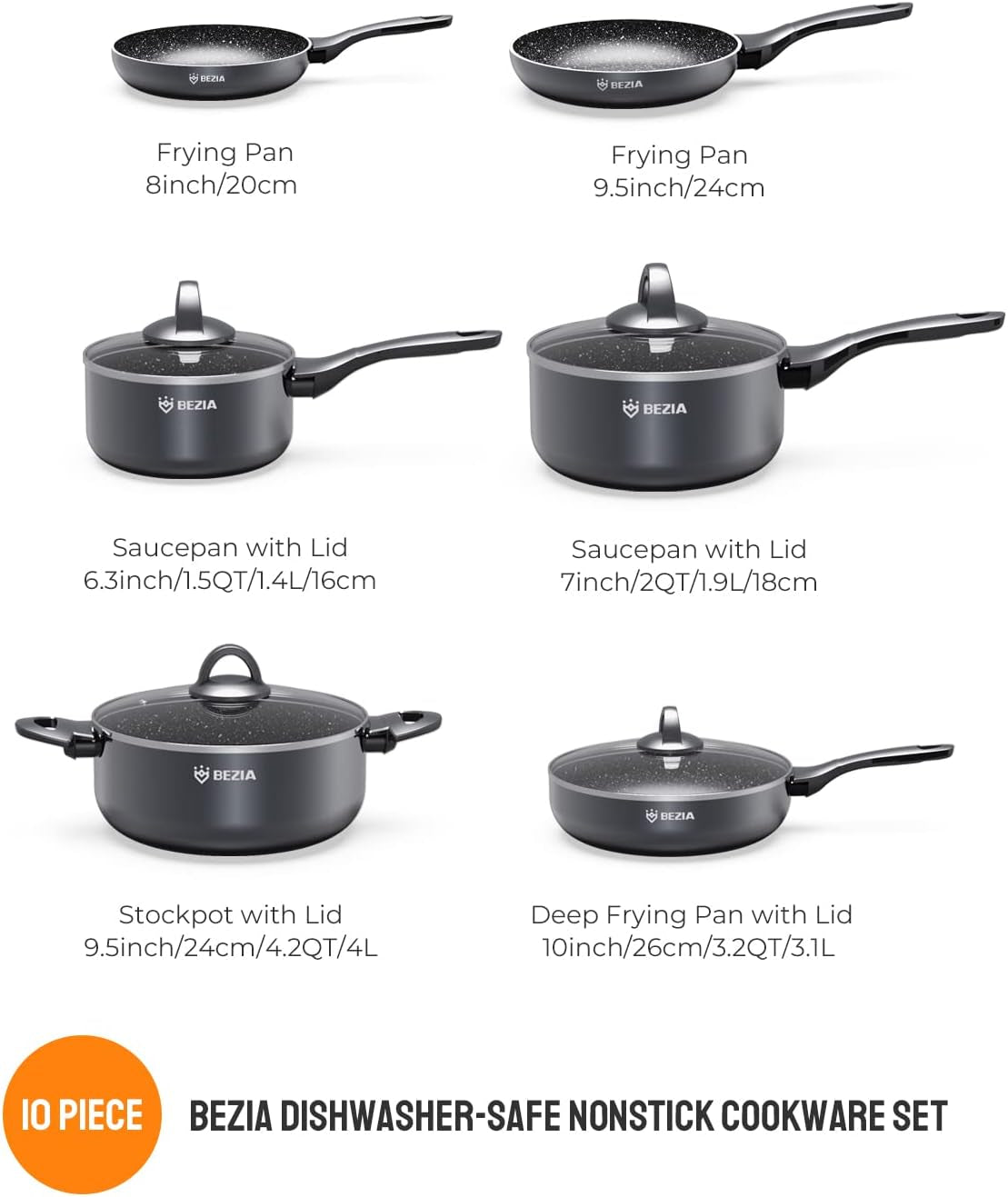 Induction Cookware Pots and Pans Set 10 Piece, BEZIA Dishwasher Safe Nonstick Cooking Pans, Stay-Cool Bakelite Handle, Scratch Resistant Kitchen Sets with Frying Pans, Saucepans & Stockpot