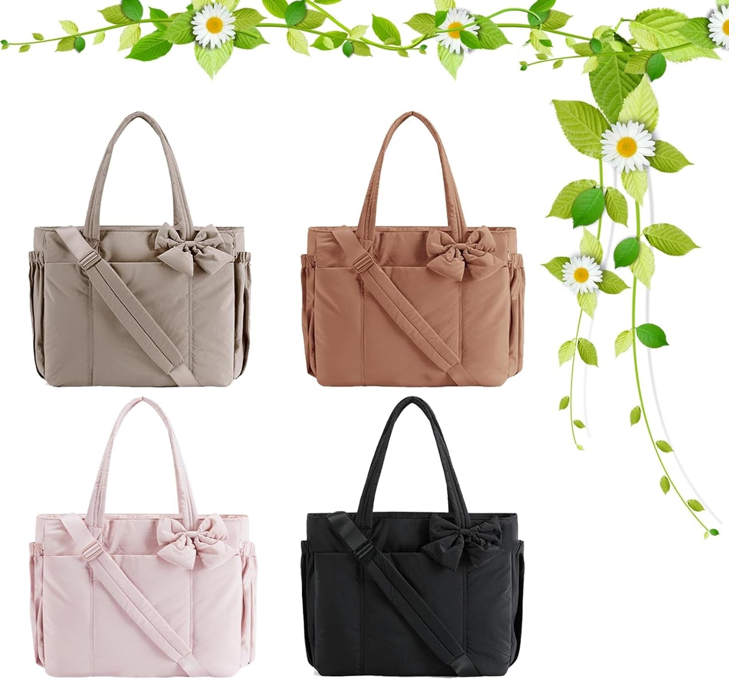 Crush Bow Tote Bag for Women, Lightweight Puffy Quilted Bow Handbag Shoulder Bag with Compartments for Daily, Work,Travel