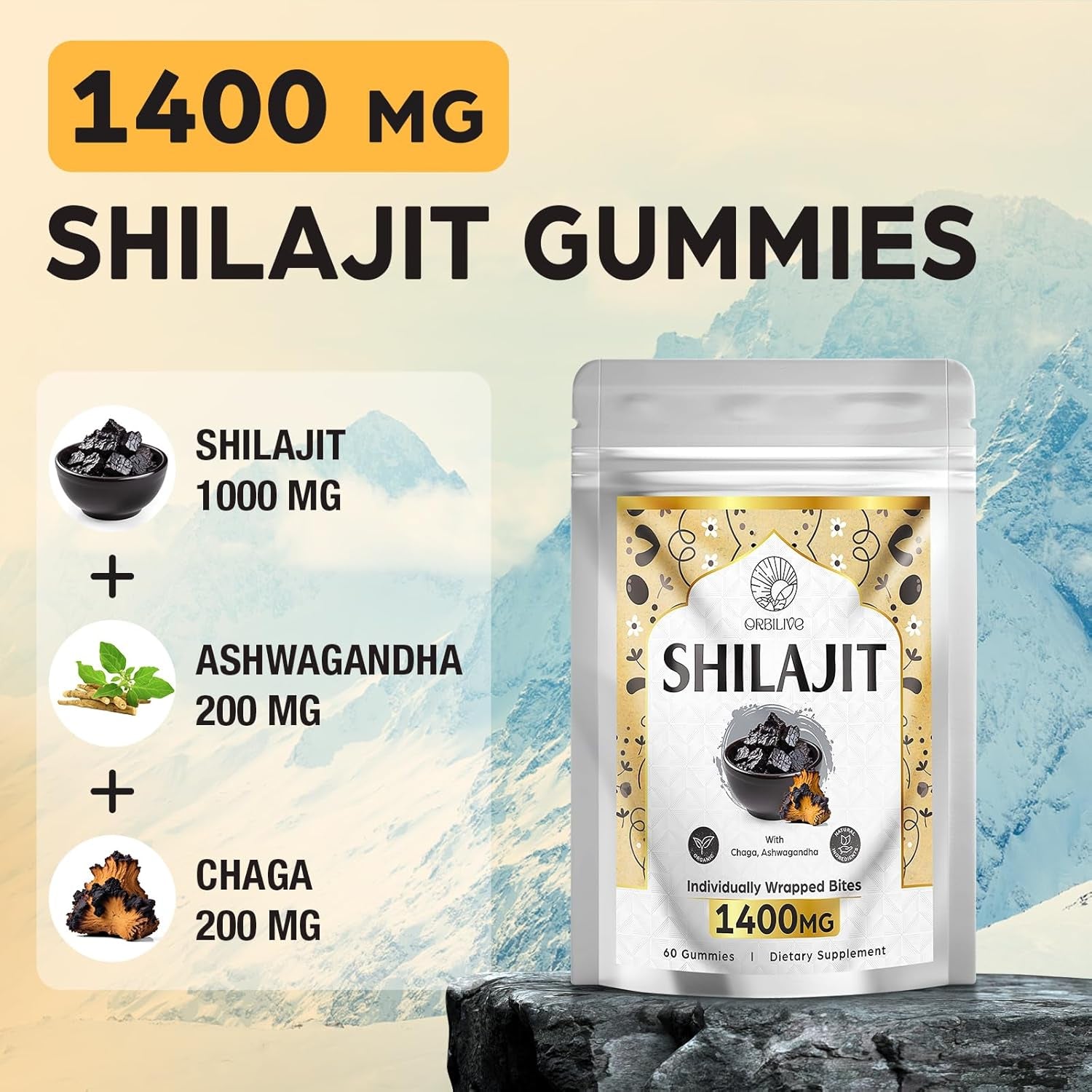 1400 MG Shilajit Gummies, Shilajit Pure Himalayan Organic Gummies with Ashwagandha, Himalayan Shilajit for Men, 85+ Trace Minerals & Fulvic Acid, Individually Wrapped, Sugar-Free, 60 Counts