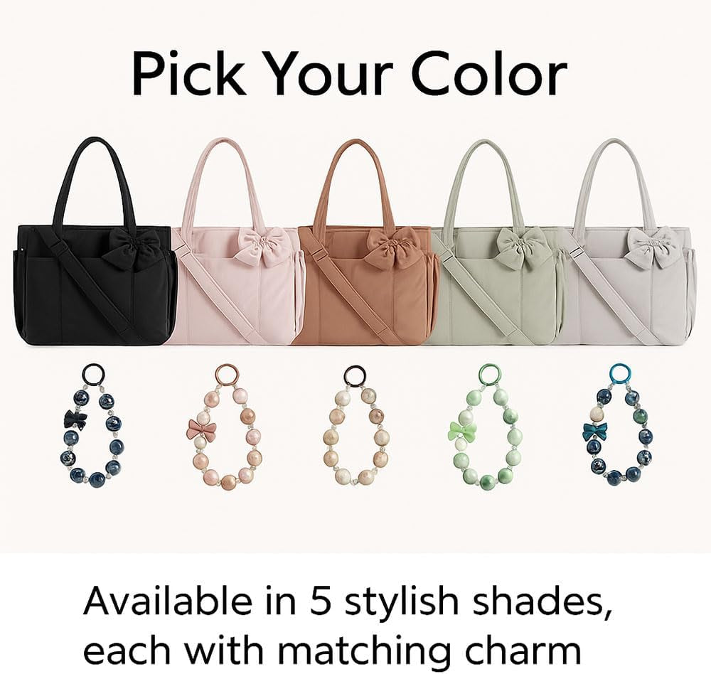Crush Bow Tote Bag, 26L Foldable Travel Tote for Women with Compartments, Lightweight Shoulder Handbag for Work